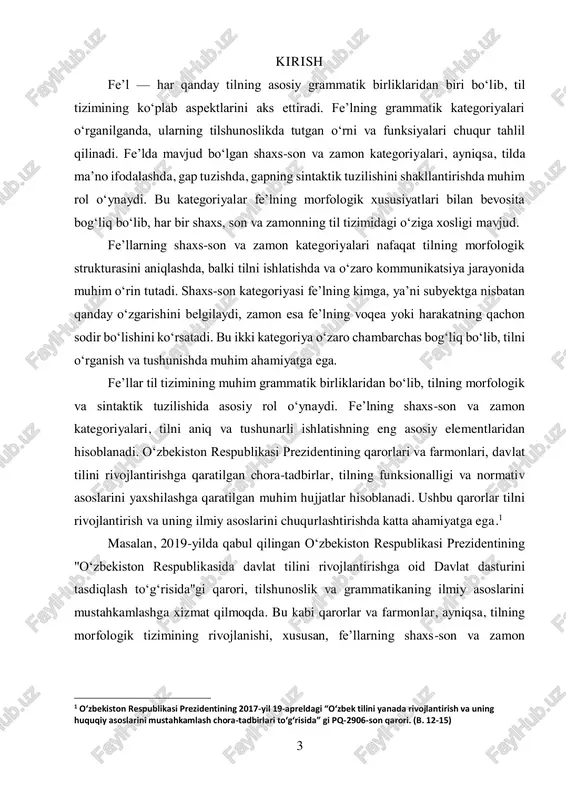 a dolzarb bo‘lib, bu kurs ishining maqsadlariga to‘g‘ri keladi.2 mazkur kurs ishida feʼllarda shaxs-son va zamon kategoriyalarining o‘rni, ularning til tizimidagi o‘zgarishlari, o‘zaro aloqalari va til strukturasidagi roli tahlil qilinadi. shuningdek, feʼllarning bu kategoriyalariga oid ba’zi xususiyatlar va ularning o‘zgarishi misollar bilan ko‘rsatiladi. bu ish, tilshunoslikda feʼlning grammatika tizimini to‘liqroq tushunish va o‘rganishga yordam beradi. kurs ishining dolzarbligi: feʼllar tildagi eng muhim grammatik birliklardan biri bo‘lib, harakat yoki holatni ifodalashda, gap tuzilishida va ma’no o‘zgarishida muhim rol o‘ynaydi. feʼlning shaxs-son va zamon kategoriyalari tilning morfologik strukturasida asosiy o‘rin tutadi. bu kategoriyalar yordamida gapda keltirilgan harakat yoki holatning kimga, qachon sodir bo‘lishi, u qanday amalga oshishi haqida aniq ma’lumotlar olish mumkin. shaxs-son va zamon kategoriyalarining o‘rganilishi tilning sintaktik va semantik xususiyatlarini chuqurroq tushunishga imkon yaratadi. kurs ishining dolzarbligi shundaki, bu mavzu orqali tilshunoslikda feʼlning morfologik o‘zgarishlarini va ularning sintaktik va semantik jihatlarini o‘rganishning muhimligi ko‘rsatiladi. shaxs-son va zamon kategoriyalarining o‘zaro aloqasini …