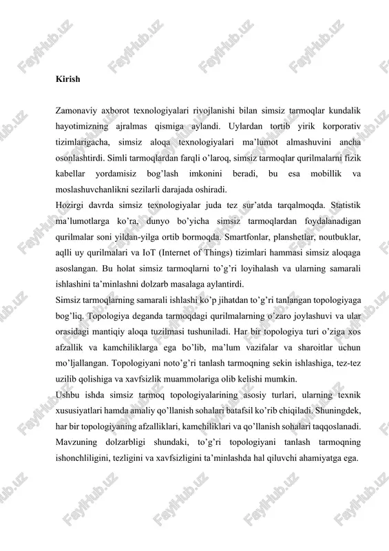 -fi uchun asosiy standart hisoblanadi. 802.11b standarti 11 mbit/s tezlikni ta’minlagan bo’lsa, 802.11g 54 mbit/s ga erishdi. 802.11n standarti mimo (multiple input multiple output) texnologiyasidan foydalanib 600 mbit/s gacha tezlikni qo’llab-quvvatlaydi. hozirgi kunda eng zamonaviy 802.11ac va 802.11ax (wi-fi 6) standartlari bir necha gigabit per soniya tezlikni ta’minlaydi. bluetooth uchun esa ieee 802.15 standarti ishlatiladi, u qisqa masofadagi aloqa uchun mo’ljallangan va kamroq energiya sarflaydi. zigbee standarti iot qurilmalari uchun yaratilgan bo’lib, juda kam energiya iste’mol qiladi va uzun batareya muddatini ta’minlaydi. simsiz tarmoqlarning ishlash prinsipi elektromagnit to’lqinlarni modulyatsiya qilish va demodulatsiya qilishga asoslangan. ma’lumotlar raqamli signaldan analog signalga aylantiriladi, havoda radio to’lqinlar orqali uzatiladi va qabul qiluvchi tomonida yana raqamli ko’rinishga keltiriladi. bu jarayon juda qisqa vaqt ichida, millisoniyalarda sodir bo’lib, foydalanuvchilar uchun deyarli sezilmaydi. simsiz tarmoqlarda asosan 2.4 ghz va 5 ghz chastota diapazonlari ishlatiladi. 2.4 ghz diapazoni kengroq qoplamga ega, lekin ko’proq shovqinga duchor bo’ladi, chunki ko’plab …