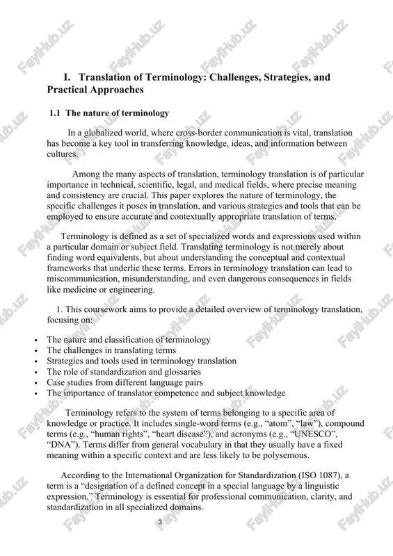 tor competence and subject knowledge terminology refers to the system of terms belonging to a specific area of knowledge or practice. it includes single-word terms (e.g., “atom”, “law”), compound terms (e.g., “human rights”, “heart disease”), and acronyms (e.g., “unesco”, “dna”). terms differ from general vocabulary in that they usually have a fixed meaning within a specific context and are less likely to be polysemous. according to the international organization for standardization (iso 1087), a term is a “designation of a defined concept in a special language by a linguistic expression.” terminology is essential for professional communication, clarity, and standardization in all specialized domains. 1.2. classification of terminology some terms have only one meaning (monosemic), while others may have multiple meanings depending on context. some terms are strictly used in one domain, whereas others may cross boundaries (e.g., “stress” in physics and psychology). some terms are regulated by international bodies, while …