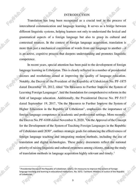 es and challenges in language learning.2 the relevance of this research lies in examining how translation contributes to the process of mastering a foreign language. this paper aims to explore both theoretical foundations and practical applications of translation in language education, identify its benefits and limitations, and assess the influence of modern technologies on translation-based learning. relevance of the topic of the course work: in the modern world, where communication across cultures and languages has become essential, the ability to acquire foreign language skills is increasingly important. translation plays a vital role in this process, not only as a communicative tool but also as a pedagogical method that supports language learners. the relevance of this topic lies in understanding how translation can facilitate language acquisition by enhancing comprehension, reinforcing vocabulary, and bridging cultural differences. exploring 2 presidential decree of the republic of uzbekistan. (2020). on additional measures for the development …