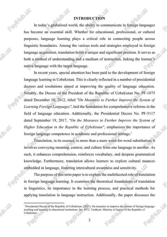 tashkent: ministry of justice of the republic of uzbekistan. ] by analyzing both theoretical and practical dimensions, this research aims to demonstrate that translation is not only a supportive tool but also a powerful bridge that helps learners successfully reach and master a foreign language. the actuality of the course paper in the context of globalization and intercultural communication, learning foreign languages has become an essential part of modern education. however, mastering a new language requires not only memorizing vocabulary and grammar but also understanding cultural and contextual meanings. translation serves as a bridge in this process, helping learners internalize and apply language structures effectively. despite its importance, the role of translation in language acquisition is often debated and sometimes undervalued in modern methodologies that prioritize direct immersion. this course paper addresses this gap by exploring how translation can enhance language learning, improve comprehension, and support cultural awareness. the relevance …
