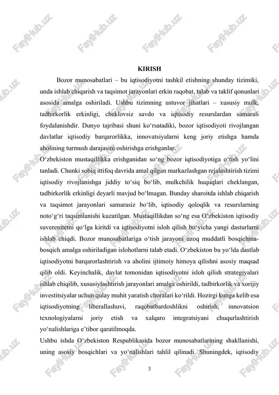 chiqarish vositalari davlat ixtiyoridan xususiy sektorga o‘tadi. · erkin tadbirkorlik va raqobat – subyektlar iqtisodiy faoliyatni o‘z xohishiga ko‘ra amalga oshirishi va erkin raqobat muhitida ishlashi mumkin. · narxlarni bozor mexanizmlari belgilaydi – narxlar davlat tomonidan emas, balki talab va taklif asosida shakllanadi. · iqtisodiy erkinlik va investitsiyalar – chet el va mahalliy investorlar uchun ochiq bo‘lgan bozor iqtisodiyoti yaratiladi. · davlatning iqtisodiy islohotlardagi roli – davlat tartibga soluvchi organ sifatida infratuzilmani yaratish, tadbirkorlikni qo‘llab-quvvatlash va monopoliyani cheklash vazifalarini bajaradi. bozor munosabatlariga o‘tish jarayoni mamlakat iqtisodiyotida tub o‘zgarishlarni talab qiladi. bu jarayon iqtisodiy barqarorlikni ta’minlash, yangi ish o‘rinlarini yaratish va aholi farovonligini oshirishga qaratilgan. mustaqillikka erishish va bozor iqtisodiyotiga oʻtish asoslari: oʻzbekiston 1991-yil 31-avgustda mustaqillikka erishgach, sobiq sovet iqtisodiy modelidan voz kechib, bozor iqtisodiyotiga asoslangan yangi tizimni shakllantirish yo‘lini tanladi. bu jarayon bir qator omillar bilan bog‘liq edi:[footnoteref:1] [1: o‘zbekiston respublikasi konstitutsiyasi. – toshkent: “o‘zbekiston”, 2023. ] · sotsialistik iqtisodiyotning …