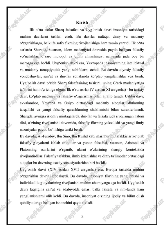 sohalaridagi inqilobiy fikrlarni o‘z ichiga oladi. 2. suﬁy falsafasi: · suﬁylar, ruhiy taraqqiyot va o‘z-o‘zini anglash masalalariga e'tibor berib, tasavvufiy g‘oyalarni rivojlantirdilar. ularning falsafasi, insonning ichki dunyosini va ilohiy bilimni anglashga qaratilgan. 3. mutakallimlar: · mutakallimlar, din va falsafani birlashtirib, mantiqiy fikr va dialektikani qo‘llab-quvvatladilar. ular diniy doktrinani asoslashda mantiqiy argumentlar ishlab chiqishga intildilar. ii. uygʻonish davriga ta’siri 1. ilmiy meros va tarjimalar: · oʻrta asrlar davrida islomiy muassasalarda (masalan, madrasalarda) yunon falsafasining asarlari o‘rganilib, o‘zbekchaga tarjima qilindi. bu jarayon, yevropada ilmiy fikrning yangilanishiga zamin yaratdi. · xususan, ibn rushdning "aristotel" ga oid izohlarini yevropa olimlari o‘rganib, o‘z falsafiy fikrlarini rivojlantirdilar. 2. gumanizm va yangi g‘oyalar: · oʻrta asrlarning falsafiy g‘oyalari, uygʻonish davrida gumanizmning rivojlanishiga ta'sir ko‘rsatdi. insonning qadr-qimmati, erkinligi va ijodkorligi kabi g‘oyalar, oʻrta asrlarda shakllangan falsafiy fikrlar asosida paydo bo‘ldi. · uygʻonish davrida, ilm-fan va san’atda yangilanishlar yuz berdi, bu esa oʻrta asrlarning falsafiy merosidan foydalanishga olib keldi. …