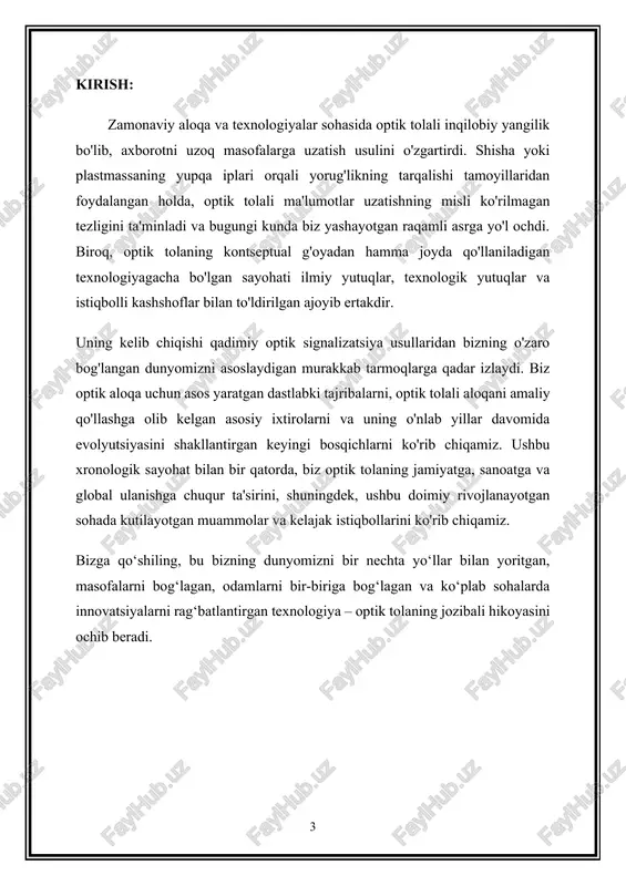 ayn o'yinlar va bulutli hisoblash kabi tarmoqli kengligi intensiv ilovalarni qo'llab-quvvatlash, uzluksiz foydalanuvchi tajribasi va optimal ishlashni ta'minlash uchun juda muhimdir. 2. uzoq masofali aloqa: · uzoq masofalarda signal buzilishidan aziyat chekadigan mis kabellardan farqli o'laroq, optik tolalar signallarni katta masofalarga minimal yo'qotish bilan uzatishi mumkin. ushbu qobiliyat global aloqa tarmoqlarini o'rnatish, odamlarni, korxonalarni va qit'alar va okeanlar bo'ylab mintaqalarni bog'lash uchun juda muhimdir. 3. elektromagnit shovqinlarga qarshi immunitet: · optik tolalar barqaror va ishonchli aloqa kanalini ta'minlovchi elektromagnit parazitlarga (emi) va radiochastota shovqinlariga (rfi) qarshi immunitetga ega. ushbu chidamlilik uni emi va rfi keng tarqalgan muhitlar uchun ideal qiladi, masalan, sanoat sharoitlari yoki yuqori elektr faolligi bo'lgan hududlar. 4. kengaytirilgan xavfsizlik va maxfiylik: · optik tolalar orqali ma'lumotlarni uzatish an'anaviy usullarga qaraganda ancha xavfsizroq. optik tolali signallarni aniqlanmasdan ushlab turish qiyin, bu ularni nozik ma'lumotlarni uzatish, maxfiylikni himoya qilish va ma'lumotlar yaxlitligini ta'minlash uchun afzal tanlovga aylantiradi. 5. masshtablilik …