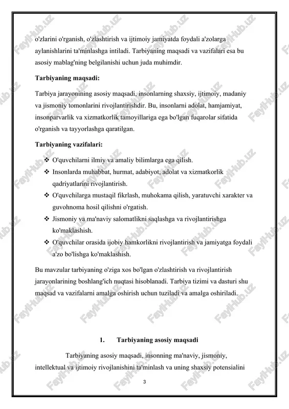 onni ruhoniy ravishda rivojlantirishni ham o'z ichiga oladi. buning natijasida insonda o'zini tanish, dunyoqarash, tabiatga hurmat qilish va u yuqori maqsadlarga yo'naltirishga qaratilishi mumkin. ma'naviy rivojlanish, insonning hayotning maqsad va an'analari, jamiyat bilan o'zaro munosabatlari, dunyo va ukonga qarshi mas'uliyyatlari bilan bog'liqdir. bu jarayon, insonning erkakona xususiyatlarini rivojlantirishda va uning hayotda mukammal bo'lishida katta ahamiyatga ega. jismoniy rivojlanish: tarbiya jismoniy salomatlik va shaxsiy gigiyenani ta'minlaydi. sport va faoliyatlar orqali o'quvchilarning fiziksel kuchlarini rivojlantirish, sog'likli hayotni o'rgatish va saqlab qolishga intiladi. intellektual rivojlanish: o'quvchilarga o'qish va yozish, fikrlash va muhokama qilish, ilmiy metodlarni qo'llash va kritik fikrlash qobiliyatlarini rivojlantish yordam beriladi. bu, ularning akademik muvaffaqiyatga erishishlari uchun zarurdir. shuningdek, tarbiya, insonning insonparvarlik tamoyillarini rivojlantirish, aloqani saqlash, odob-ahloqni o'rgatish, mustaqil fikrlash va qabul qilish qobiliyatini rivojlantirish, shuningdek, ijtimoiy muhitda mas'uliyatni o'zlashtirishga intiladi. bu bilan, insonlarning shaxsiy va ijtimoiy rivojlanishlarini ta'minlash uchun shakllangan tarbiya tizimlari va dasturlari muhim ahamiyatga ega. 2. tarbiyaning asosiy …