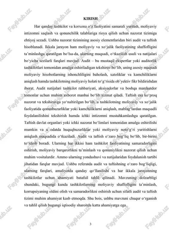 iy firibgarlikning oldini olish. auditning mohiyati shundaki, u tashkilotning moliyaviy axborotining shaffofligi va ishonchliligini ta’minlashda muhim vosita hisoblanadi. u odatda rejalashtirilgan tartibda o‘tkaziladi va auditorlik tashkilotlari tomonidan amalga oshiriladi. audit natijasi bo‘yicha tashkilotga hisobot taqdim etilib, undagi kamchiliklarni bartaraf etish bo‘yicha tavsiyalar beriladi. taftishning maqsadi va mohiyati taftish – bu tashkilotning moliyaviy va xo‘jalik faoliyatini tekshirishga qaratilgan ichki yoki tashqi nazorat turi bo‘lib, uning asosiy maqsadi qonunbuzarliklarni aniqlash, moliyaviy intizomga rioya qilinishini tekshirish va tashkilotning mablag‘larini maqsadli ishlatilganligini nazorat qilishdan iborat. taftishning asosiy maqsadlari: · moliyaviy va xo‘jalik operatsiyalarining qonunchilikka muvofiqligini tekshirish; · qonunbuzarliklar va moliyaviy firibgarliklarni aniqlash; · davlat yoki tashkilot mablag‘laridan samarali foydalanilayotganini baholash; · ichki tartib-qoidalarga rioya qilinishini ta’minlash; · yo‘l qo‘yilgan xatolarni aniqlab, ularning oldini olish bo‘yicha choralar ko‘rish. taftish ko‘pincha davlat nazorat organlari yoki tashkilotning ichki tekshiruv bo‘limlari tomonidan amalga oshiriladi. u rejalashtirilgan tartibda yoki zarur hollarda, masalan, huquqbuzarliklar yoki shubhali holatlar yuzaga kelganda o‘tkazilishi …