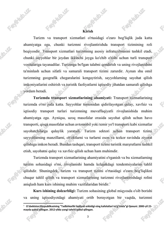 vaffaqiyatli rivojlanishida muhim omil sifatida qaraladi. turizm va transport o'rtasidagi o'zaro bog'liqlik nafaqat sayyohlarning sayohat qilish qulayliklarini ta'minlash, balki turizm tarmoqlarining iqtisodiy samaradorligini oshirish, yangi ish o'rinlari yaratish va turistik maqsadlar uchun infratuzilma yaratish bilan ham bog'liqdir. transport xizmatlarining sifatini yaxshilash sayyohlar uchun yanada qulay va xavfsiz sayohat qilish imkoniyatlarini yaratadi, shu bilan birga, mamlakatlarning turizm sohasini jahon miqyosida raqobatbardosh qilishda muhim rol o'ynaydi. bugungi kunda turizm sanoatida ekologik transport va innovatsion texnologiyalarga asoslangan tizimlarning joriy etilishi sayohatlarni yanada qulay va barqaror qilishga yordam bermoqda. shu bilan birga, transport tizimining rivojlanishi bilan bir qatorda, uning ijtimoiy va ekologik ta'sirini hisobga olish ham muhim ahamiyat kasb etadi. ushbu mavzuning dolzarbligi shundan iboratki, turizm va transport xizmatlarining rivojlanishi kelajakda yanada ko'proq ahamiyat kasb etadi. bu kurs ishi orqali transport xizmatlarining turizm sohasiga ta'sirini o'rganish, mavjud muammolarni tahlil qilish va ularni hal qilish bo'yicha takliflar ishlab chiqish amaliy ahamiyatga ega. natijada, turizm sohasining …