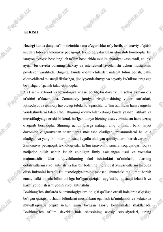 t. pedagogik texnologiya tushunchasi birinchi marta aqshda 1950-yillarda paydo bo’lgan va dastlab texnik vositalar, ayniqsa kino va televideniyadan ta’limda foydalanish bilan bog’liq bo’lgan. keyinchalik bu tushuncha kengayib, nafaqat texnik vositalarni, balki ta’lim jarayonining o’zini tashkil etish va boshqarishning ilmiy yondashuvlarini ham o’z ichiga ola boshladi. pedagogik texnologiya deb, aniq belgilangan maqsadlarga erishish uchun ta’lim jarayonini loyihalash, tashkil etish va amalga oshirishning ilmiy asoslangan usullar tizimiga aytiladi. bu tushunchaning bir necha ta’rifi mavjud. ba’zi olimlar uni ta’limni tashkil etishning maxsus usuli sifatida talqin qilsalar, boshqalari esa ta’lim jarayonini boshqarishning tizimli yondashuvi deb bilishadi. biroq barcha ta’riflar bir umumiy fikrda uchrashadiki, pedagogik texnologiya aniq natijaga erishishni ta’minlaydigan, takrorlanuvchi va boshqa sharoitlarda ham qo’llanilishi mumkin bo’lgan usullar majmuasidan iborat. zamonaviy pedagogik texnologiyalar qator muhim tamoyillarga asoslanadi. birinchidan, o’quvchi markazlilik tamoyili bo’lib, bu yerda bola ta’lim jarayonining asosiy subyekti sifatida qaraladi. bu yondashuv an’anaviy ta’limdan keskin farq qiladi, chunki an’anaviy ta’limda asosiy e’tibor o’qituvchi …