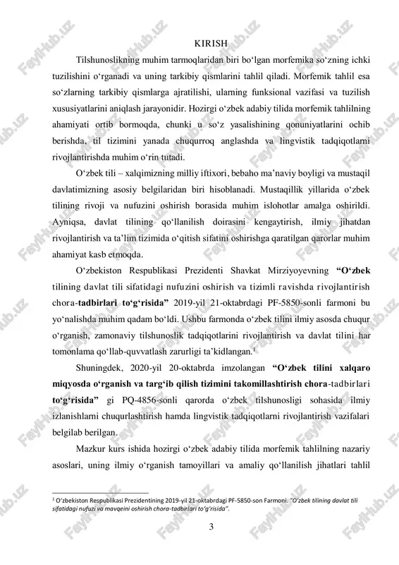 larning tarkibiy tuzilishini aniqlash, ularning yasalish qonuniyatlarini o‘rganish va til tizimidagi o‘zgarishlarni tushunishda muhim ahamiyat kasb etadi. zamonaviy tilshunoslikda morfemik tahlil turli lingvistik tadqiqotlar, leksikografiya, ta’lim jarayoni va kompyuter lingvistikasi kabi yo‘nalishlarda keng qo‘llaniladi. o‘zbek tili tizimining chuqur tahlili va rivojlanish tendensiyalarini aniqlash tilshunoslik fanining dolzarb masalalaridan biridir. shu bois ushbu mavzuning tadqiq etilishi nazariy va amaliy jihatdan muhim ahamiyatga ega. kurs ishining maqsadi: ushbu kurs ishining asosiy maqsadi – hozirgi o‘zbek adabiy tilida morfemik tahlilning nazariy asoslarini o‘rganish va so‘z tarkibini tahlil qilish usullarini aniqlashdir. morfemik tahlilning asosiy yo‘nalishlarini aniqlash, o‘zbek tilidagi morfemalar tarkibini tahlil qilish va ularning lingvistik ahamiyatini yoritish ushbu tadqiqotning asosiy vazifalaridan biri hisoblanadi. kurs ishining obyekti: kurs ishining obyekti hozirgi o‘zbek adabiy tilidagi so‘zlarning morfemik tarkibi va tuzilish xususiyatlaridir. ushbu tadqiqot doirasida o‘zbek tilida qo‘llaniladigan morfemalar, ularning funksiyalari va so‘z yasalish jarayonidagi roli o‘rganiladi. kurs ishining predmeti: kurs ishining predmeti – hozirgi o‘zbek adabiy tilida …