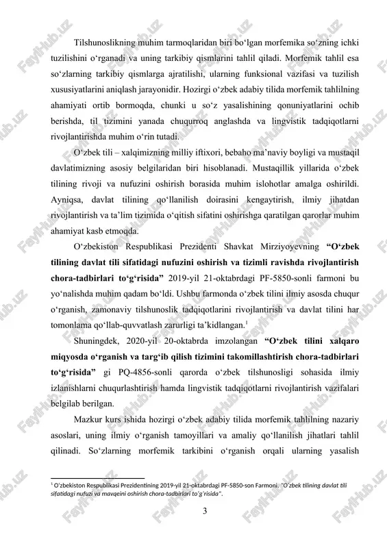 rfemik tahlil esa so‘zlarning tarkibiy tuzilishini aniqlash, ularning yasalish qonuniyatlarini o‘rganish va til tizimidagi o‘zgarishlarni tushunishda muhim ahamiyat kasb etadi. zamonaviy tilshunoslikda morfemik tahlil turli lingvistik tadqiqotlar, leksikografiya, ta’lim jarayoni va kompyuter lingvistikasi kabi yo‘nalishlarda keng qo‘llaniladi. o‘zbek tili tizimining chuqur tahlili va rivojlanish tendensiyalarini aniqlash tilshunoslik fanining dolzarb masalalaridan biridir. shu bois ushbu mavzuning tadqiq etilishi nazariy va amaliy jihatdan muhim ahamiyatga ega. kurs ishining maqsadi: ushbu kurs ishining asosiy maqsadi – hozirgi o‘zbek adabiy tilida morfemik tahlilning nazariy asoslarini o‘rganish va so‘z tarkibini tahlil qilish usullarini aniqlashdir. morfemik tahlilning asosiy yo‘nalishlarini aniqlash, o‘zbek tilidagi morfemalar tarkibini tahlil qilish va ularning lingvistik ahamiyatini yoritish ushbu tadqiqotning asosiy vazifalaridan biri hisoblanadi. kurs ishining obyekti: kurs ishining obyekti hozirgi o‘zbek adabiy tilidagi so‘zlarning morfemik tarkibi va tuzilish xususiyatlaridir. ushbu tadqiqot doirasida o‘zbek tilida qo‘llaniladigan morfemalar, ularning funksiyalari va so‘z yasalish jarayonidagi roli o‘rganiladi. kurs ishining predmeti: kurs ishining predmeti – hozirgi …