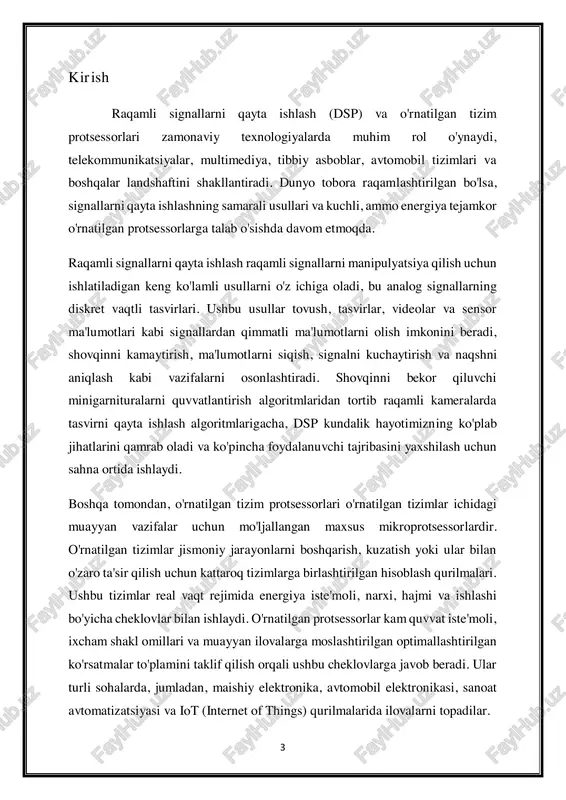 di. 5 1. raqamli signallar va tizimlarning umumiy ko'rinishi raqamli signallar va tizimlar zamonaviy aloqa, hisoblash va signallarni qayta ishlashning asosini tashkil qiladi. voltaj yoki bosim kabi fizik miqdorlarning uzluksiz o'zgarishini ifodalovchi analog signallardan farqli o'laroq, raqamli signallar diskret xarakterga ega bo'lib, vaqt yoki makonning muntazam oraliqlarida tanlangan cheklangan qiymatlar to'plami bilan tavsiflanadi. ushbu diskretizatsiya raqamli shaklda axborotni samarali saqlash, uzatish va qayta ishlash imkonini beradi, bu raqamli signallar va tizimlarni keng ko'lamli ilovalarda hamma joyda qo'llash imkonini beradi. raqamli signallar: diskret-vaqtni ifodalash: raqamli signallar vaqt yoki makonning muntazam oraliqlarida namuna olingan diskret qiymatlar ketma-ketligi sifatida ifodalanadi. har bir namuna vaqt yoki makonning ma'lum bir nuqtasida signalning amplitudasini ifodalaydi. ikkilik vakillik: raqamli signallar ko'pincha ikkilikdir, ya'ni ular ikkita mumkin bo'lgan qiymatni oladi, odatda 0 va 1 sifatida belgilanadi. bu ikkilik raqamlar yoki bitlar raqamli ma'lumotlarning asosiy qurilish bloklarini tashkil qiladi. kvantlash va namuna olish: analogdan raqamliga o'tkazish vaqtida uzluksiz analog …