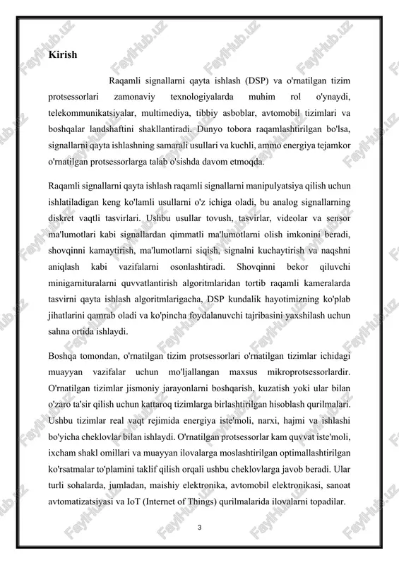aqamli signallar va tizimlarning umumiy ko'rinishi raqamli signallar va tizimlar zamonaviy aloqa, hisoblash va signallarni qayta ishlashning asosini tashkil qiladi. voltaj yoki bosim kabi fizik miqdorlarning uzluksiz o'zgarishini ifodalovchi analog signallardan farqli o'laroq, raqamli signallar diskret xarakterga ega bo'lib, vaqt yoki makonning muntazam oraliqlarida tanlangan cheklangan qiymatlar to'plami bilan tavsiflanadi. ushbu diskretizatsiya raqamli shaklda axborotni samarali saqlash, uzatish va qayta ishlash imkonini beradi, bu raqamli signallar va tizimlarni keng ko'lamli ilovalarda hamma joyda qo'llash imkonini beradi. raqamli signallar: diskret-vaqtni ifodalash: raqamli signallar vaqt yoki makonning muntazam oraliqlarida namuna olingan diskret qiymatlar ketma-ketligi sifatida ifodalanadi. har bir namuna vaqt yoki makonning ma'lum bir nuqtasida signalning amplitudasini ifodalaydi. ikkilik vakillik: raqamli signallar ko'pincha ikkilikdir, ya'ni ular ikkita mumkin bo'lgan qiymatni oladi, odatda 0 va 1 sifatida belgilanadi. bu ikkilik raqamlar yoki bitlar raqamli ma'lumotlarning asosiy qurilish bloklarini tashkil qiladi. kvantlash va namuna olish: analogdan raqamliga o'tkazish vaqtida uzluksiz analog signallar diskret intervallarda …