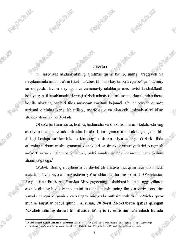 tini takomillashtirish konsepsiyasi”**da tilimizning zamonaviy ilmiy tahlilini rivojlantirish, milliy lingvistik merosimizni o‘rganish va mustahkamlash muhim vazifa sifatida belgilangan. bu esa, o‘z navbatida, tilshunoslik fanida ot so‘z turkumining o‘rni va uning grammatik xususiyatlarini har tomonlama o‘rganishni dolzarb masalaga aylantiradi. ushbu tadqiqotning asosiy maqsadi – hozirgi o‘zbek adabiy tilida ot so‘z turkumining morfologik va sintaktik xususiyatlarini chuqur tahlil qilish, uning grammatik imkoniyatlarini ilmiy asosda yoritishdan iborat. ish davomida otlarning shakllanishi, qo‘llanilishi va boshqa so‘z turkumlari bilan bog‘liqligi tahlil qilinadi. shuningdek, prezident qarorlarida belgilangan vazifalardan kelib chiqib, tilshunoslik sohasida olib borilayotgan islohotlar doirasida ot so‘z turkumining o‘zbek adabiy tilidagi o‘rnini chuqur o‘rganish muhimligi ko‘rsatib o‘tiladi.[footnoteref:2] [2: o‘zbekiston respublikasi prezidenti (2022-yil). “o‘zbek tilini o‘qitish tizimini takomillashtirishga doir qaror”. tashkent: o‘zbekiston respublikasi prezidenti matbuot xizmati. ] kurs ishida o‘zbek tilshunosligiga oid ilmiy manbalar, davlat hujjatlari, grammatik qo‘llanmalar va adabiy matnlar asosida tahlil olib boriladi. ushbu tadqiqot natijasida ot so‘z turkumining grammatik qonuniyatlari va amaliy qo‘llanilishi …