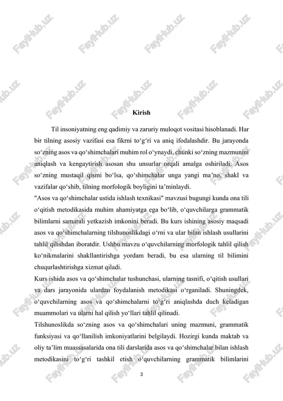 vazifalari: · asos va qoʻshimchalar tushunchasini o‘rganish: tilshunoslikda asos va qoʻshimchalarning nazariy asoslarini tahlil qilish, ularning o‘ziga xos xususiyatlarini aniqlash. · asos va qoʻshimchalarning tasnifini o‘rganish: yasovchi va shakl yasovchi qoʻshimchalarni tahlil qilish va ularning til tizimidagi oʻrnini aniqlash. · o‘quvchilarda morfologik tahlil qilish koʻnikmalarini rivojlantirish: asos va qoʻshimchalarni aniqlash hamda tahlil qilish koʻnikmalarini shakllantirish uchun samarali metodlarni ishlab chiqish. · o‘qitish metodikasi: dars jarayonida asos va qoʻshimchalar ustida ishlash texnikalarini qo‘llash boʻyicha metodik tavsiyalar ishlab chiqish. · amaliy mashqlar yaratish: o‘quvchilarning asos va qoʻshimchalarni mustahkam oʻzlashtirishlari uchun dars ishlanmalari va mashqlar yaratish. · o‘quvchilarning qiyinchiliklarini aniqlash: asos va qoʻshimchalar bilan ishlash jarayonida oʻquvchilarning duch kelishi mumkin boʻlgan qiyinchiliklarni o‘rganish va ularni bartaraf etish yo‘llarini topish. · ta'lim samaradorligini oshirish: asos va qoʻshimchalar bilan ishlash orqali oʻquvchilarning ona tili bo'yicha umumiy bilimlarini rivojlantirish va taʼlim samaradorligini oshirish. kurs ishinging predmeti: "asos va qoʻshimchalar ustida ishlash texnikasi" mavzusi doirasida tilshunoslikdagi asos …
