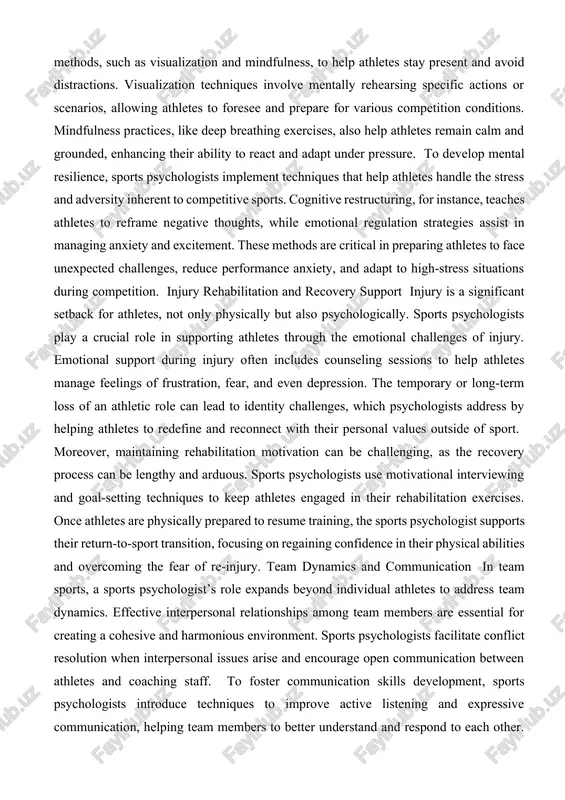 an athlete’s intrinsic (internal) and extrinsic (external) motivation sources. techniques such as goal setting help athletes maintain focus and feel a sense of accomplishment by setting achievable short- and long-term goals. psychologists often employ self-determination theory to foster autonomy, competence, and relatedness, essential drivers for maintaining high motivation over time. equally essential is focus and concentration training. sports psychologists use a variety of methods, such as visualization and mindfulness, to help athletes stay present and avoid distractions. visualization techniques involve mentally rehearsing specific actions or scenarios, allowing athletes to foresee and prepare for various competition conditions. mindfulness practices, like deep breathing exercises, also help athletes remain calm and grounded, enhancing their ability to react and adapt under pressure. to develop mental resilience, sports psychologists implement techniques that help athletes handle the stress and adversity inherent to competitive sports. cognitive restructuring, for instance, teaches athletes to reframe negative thoughts, while emotional …