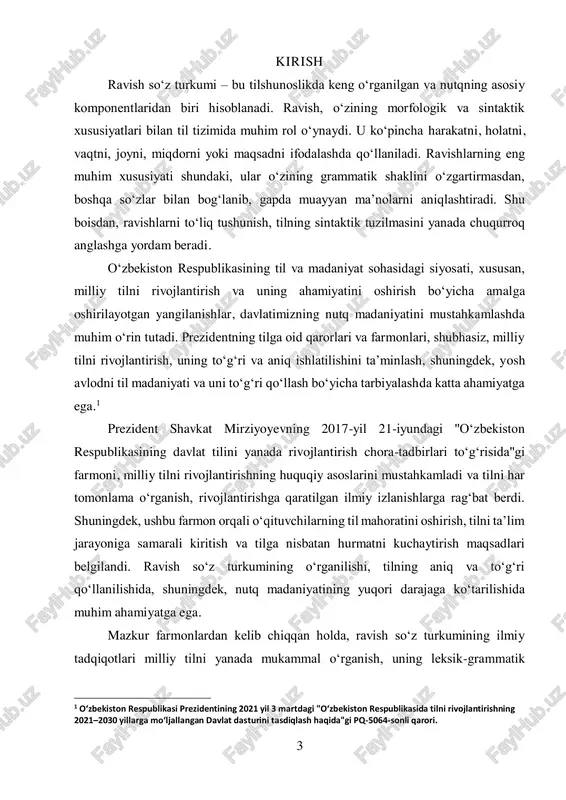 ma’nosi va ifoda imkoniyatlari bilan muhim rol o‘ynaydi. shuningdek, prezident qarorlari va farmonlari orqali tilni rivojlantirishdagi ahamiyatini tan olib, tilshunoslikdagi zamonaviy yondoshuvlar va metodlarga e'tibor qaratiladi. bu ishda ravishning leksik-grammatik xususiyatlari, tilshunoslikdagi o‘rni va uning nutqda qo‘llanilishi bo‘yicha olib borilgan ilmiy tadqiqotlar tahlil qilinadi. ravish so‘z turkumining o‘rganilishi tilshunoslikda keng qamrovli masala bo‘lib, uning leksik-grammatik xususiyatlarini tahlil qilish, tilni o‘rganishda muhim ahamiyat kasb etadi. ravish, fe’l va sifat kabi boshqa so‘z turkumlari bilan chambarchas bog‘liq bo‘lib, gap tarkibida o‘z o‘rnini aniq egallaydi. masalan, ravishlar harakatni yoki holatni qo‘shimcha ma’lumot bilan ta’minlashi mumkin, lekin ular hech qachon fe’lning o‘rnini bosa olmaydi. shuningdek, ravishning ba’zi turlari o‘zgarishsiz qolib, ma’lum bir o‘zgartirishni talab qilmaydi, boshqalari esa ko‘pincha fe’l yoki sifatga bog‘liq holda o‘zgaradi.2 ushbu kurs ishining maqsadi ravish so‘z turkumi va uning leksik-grammatik xususiyatlarini chuqur tahlil qilishdir. kurs ishida ravishning umumiy ta’rifi, turli xil turlari, ularning sintaktik vazifalari va grammatik xususiyatlari batafsil o‘rganiladi. …
