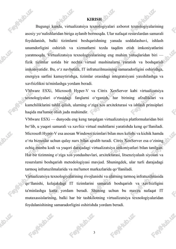 a, saqlash va tarmoq resurslarini boshqaradi va ularni virtual mashinalarga taqdim etadi. vmware tools: virtual mashinalar bilan samarali ishlash uchun zarur bo‘lgan yordamchi vositalar. vmware esxi ning asosiy afzalliklari yengil va samarali: esxi minimal tizim talablariga ega bo‘lib, faqat virtualizatsiya jarayonlariga zarur bo‘lgan komponentlardan tashkil topgan. bu uni resurslarni samarali ishlatishda yuqori darajada optimal qiladi. xavfsizlik: esxi platformasi juda xavfsizdir, chunki u alohida tizimdan mustaqil bo‘lib, foydalanuvchilar va ilovalar bilan bog‘lanishni faqat o‘ziga xos, cheklangan interfeyslar orqali amalga oshiradi. oson boshqarish: vmware esxi ning boshqaruvi uchun qulay va intuitiv interfeyslar, masalan, vsphere client yoki vcenter server kabi vositalar mavjud. bu platforma uchun keng qamrovli boshqaruv imkoniyatlari yaratadi. kengaytirilgan resurslarni boshqarish: esxi tizimi tarmoq va saqlash resurslarini samarali boshqarishga yordam beradi, bu esa virtual mashinalarning ish unumdorligini oshiradi. keng qo‘llanilish: vmware esxi ko‘plab ma'lumot markazlarida va korporativ muhitlarda qo‘llaniladi. uning yordamida bir nechta virtual mashinalarni boshqarish va ularni optimallashtirish mumkin. funktsiyalar …