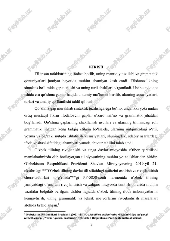 ish masalalari ilgari surilgan. ushbu qaror tilshunoslik fanlarining, jumladan, sintaksisning dolzarb masalalarini tadqiq etish muhimligini ko‘rsatadi. mazkur kurs ishida o‘zbek tilining sintaktik tuzilishidagi muhim birliklardan biri bo‘lgan qo‘shma gaplarning grammatik va semantik xususiyatlari, ularning turli matnlarda qo‘llanilishi va stilistik ahamiyati o‘rganiladi. qo‘shma gaplar murakkab tuzilishga ega bo‘lib, nutqda fikrni aniq va mantiqiy bayon etishda muhim vosita hisoblanadi. shu sababli ushbu mavzuni tadqiq etish nafaqat nazariy, balki amaliy jihatdan ham muhim ahamiyat kasb etadi. ushbu kurs ishining maqsadi qo‘shma gaplarning grammatik va semantik xususiyatlarini o‘rganish, ularning turli xil turlarini tahlil qilish hamda adabiy va ilmiy matnlarda qo‘llanilish xususiyatlarini yoritishdan iboratdir. tadqiqot davomida qo‘shma gaplarning bog‘langan, bog‘lovchisiz va ergashgan turlarini batafsil tahlil qilish hamda ularning kommunikativ va stilistik funksiyalarini o‘rganish rejalashtirilgan.[footnoteref:2] [2: o‘zbekiston respublikasi prezidenti (2022-yil). “o‘zbek tilini o‘qitish tizimini takomillashtirishga doir qaror”. tashkent: o‘zbekiston respublikasi prezidenti matbuot xizmati. ] bu mavzuni chuqur tadqiq etish natijasida o‘zbek tili sintaksisiga oid ilmiy qarashlarni …