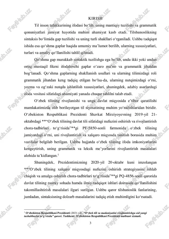 tini rivojlantirishga oid yangi tashabbuslar to‘g‘risida” qarori. tashkent: o‘zbekiston respublikasi prezidenti matbuot xizmati. 4 mazkur kurs ishida o‘zbek tilining sintaktik tuzilishidagi muhim birliklardan biri bo‘lgan qo‘shma gaplarning grammatik va semantik xususiyatlari, ularning turli matnlarda qo‘llanilishi va stilistik ahamiyati o‘rganiladi. qo‘shma gaplar murakkab tuzilishga ega bo‘lib, nutqda fikrni aniq va mantiqiy bayon etishda muhim vosita hisoblanadi. shu sababli ushbu mavzuni tadqiq etish nafaqat nazariy, balki amaliy jihatdan ham muhim ahamiyat kasb etadi. ushbu kurs ishining maqsadi qo‘shma gaplarning grammatik va semantik xususiyatlarini o‘rganish, ularning turli xil turlarini tahlil qilish hamda adabiy va ilmiy matnlarda qo‘llanilish xususiyatlarini yoritishdan iboratdir. tadqiqot davomida qo‘shma gaplarning bog‘langan, bog‘lovchisiz va ergashgan turlarini batafsil tahlil qilish hamda ularning kommunikativ va stilistik funksiyalarini o‘rganish rejalashtirilgan.2 bu mavzuni chuqur tadqiq etish natijasida o‘zbek tili sintaksisiga oid ilmiy qarashlarni kengaytirish, grammatik qonuniyatlarni amaliy misollar bilan mustahkamlash va tilshunoslik sohasida qo‘shma gaplarning o‘rni haqida yanada mukammal tasavvur hosil qilish mumkin bo‘ladi. …