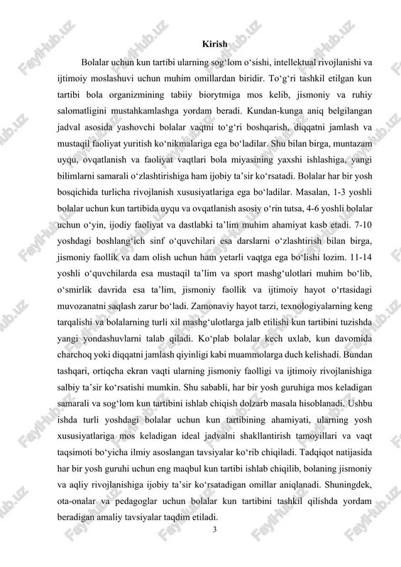 an shug‘ullanishlari muhim. o‘yin faoliyati, mantiqiy va ijodiy mashg‘ulotlar, kitob o‘qish va rasm chizish kabi mashg‘ulotlar muhim o‘rin tutadi. shu bilan birga, bola mustaqil harakat qilish va tartib-intizomga rioya qilishni o‘rganishi lozim. 7-10 yosh (boshlang‘ich sinf o‘quvchilari) boshlang‘ich maktab yoshidagi bolalar uchun kun tartibi darslarni samarali o‘zlashtirish, jismoniy faollik va dam olish o‘rtasidagi muvozanatga asoslanishi kerak. bu yoshdagi bolalar o‘rtacha 9-11 soat uyquga muhtoj bo‘lib, ertalab va kechqurun tartibli rejim asosida harakat qilishlari lozim. uy vazifalarini bajarish, o‘yin va sport mashg‘ulotlari, do‘stlar bilan muloqot qilish va texnologiyalardan foydalangan holda ta’lim olish muhim ahamiyat kasb etadi. 11-14 yosh (o‘rta maktab o‘quvchilari) o‘rta maktab yoshida bolalar jismoniy va aqliy rivojlanishning faol bosqichiga kiradilar. ushbu davrda ta’lim yuklamasi ortib, mustaqil o‘rganish, o‘z vaqtini boshqarish va qo‘shimcha mashg‘ulotlarga qatnashish muhim bo‘lib qoladi. kun tartibida 8-10 soatlik uyqu, sport va jismoniy faollik, darslarga tayyorgarlik va oilaviy vaqt ajratish muhimdir. shu bilan birga, ekran vaqtini cheklash …