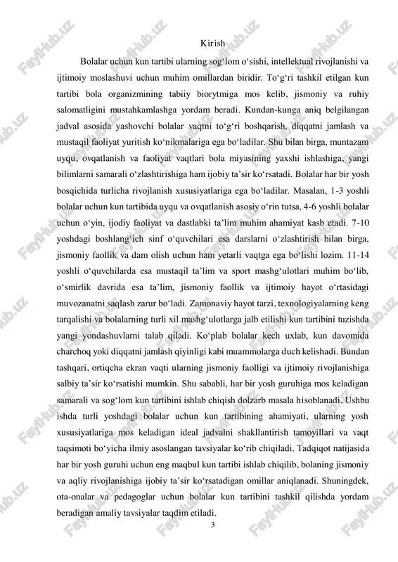 tlar bilan shug‘ullanishlari muhim. o‘yin faoliyati, mantiqiy va ijodiy mashg‘ulotlar, kitob o‘qish va rasm chizish kabi mashg‘ulotlar muhim o‘rin tutadi. shu bilan birga, bola mustaqil harakat qilish va tartib-intizomga rioya qilishni o‘rganishi lozim. 7-10 yosh (boshlang‘ich sinf o‘quvchilari) boshlang‘ich maktab yoshidagi bolalar uchun kun tartibi darslarni samarali o‘zlashtirish, jismoniy faollik va dam olish o‘rtasidagi muvozanatga asoslanishi kerak. bu yoshdagi bolalar o‘rtacha 9-11 soat uyquga muhtoj bo‘lib, ertalab va kechqurun tartibli rejim asosida harakat qilishlari lozim. uy vazifalarini bajarish, o‘yin va sport mashg‘ulotlari, do‘stlar bilan muloqot qilish va texnologiyalardan foydalangan holda ta’lim olish muhim ahamiyat kasb etadi. 11-14 yosh (o‘rta maktab o‘quvchilari) 5 o‘rta maktab yoshida bolalar jismoniy va aqliy rivojlanishning faol bosqichiga kiradilar. ushbu davrda ta’lim yuklamasi ortib, mustaqil o‘rganish, o‘z vaqtini boshqarish va qo‘shimcha mashg‘ulotlarga qatnashish muhim bo‘lib qoladi. kun tartibida 8-10 soatlik uyqu, sport va jismoniy faollik, darslarga tayyorgarlik va oilaviy vaqt ajratish muhimdir. shu bilan birga, ekran …