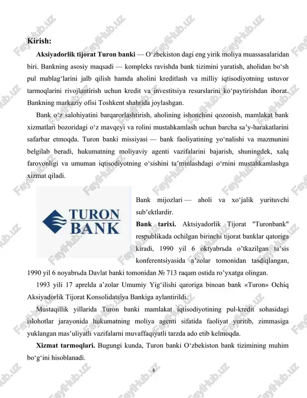 ng zamonaviy xalqaro standartlarga javob beradigan bank mahsulotlari va xizmatlarining ko‘lami va hajmlarini kengaytirish, shuningdek, ulardan butun yurtimiz bo‘ylab foydalanish imkoniyatini taʼminlash orqali davlatning yetakchi universal banki bo‘lish; · xodimlar faoliyati uyg‘unligini taʼminlash va ularning shaxsiy va kasbiy intilishlarini ro‘yobga chiqarish yo‘li bilan davlatimizning eng yaxshi va talabgor ish beruvchilaridan biri bo‘lish. bank reytingi. 2020 yilda "fitch ratings" xalqaro reyting agentligining "bb-/b" — „barqaror“, "s&p global ratings" xalqaro reyting agentligining "bb-/b" reytingiga ega bo‘ldi. turon banki 6-maydan 7-maygacha "cert international" (slovakiya) xalqaro sertifikatlashtirish tashkiloti vakillari tomonidan iso 9001:2015 xalqaro standarti talablariga muvofiq 2-nazorat auditidan muvaffaqiyatli o‘tdi. turon bankining 2-nazorat auditi natijalari: - yuqori rahbariyatning oavni saqlash va takomillashtirishga qiziqishi va majburiyati; - xodimlarning yuqori malakasi va xalqaro mutaxassislarni jalb qilish; - ko‘rsatilayotgan xizmatlar sifatini doimiy ravishda takomillashtirishga intilish. ikkinchi nazorat auditining asosiy natijasi atrof-muhitdagi o‘zgarishlarga tezkorlik bilan javob berishga, kelajakdagi o‘zgarishlarni kutishga va menejment tizimini unifikatsiya qilish orqali o‘z biznesingizni …