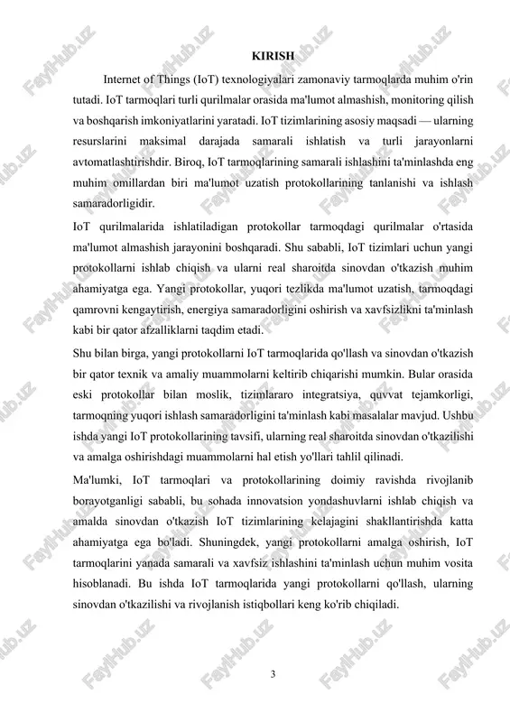 ma'lumotlarni uzatish uchun eng keng tarqalgan protokoldir. iot tizimlarida http/https protokollari ko'plab tizimlar orasida yuqori darajadagi ma'lumot almashishni ta'minlashda ishlatiladi. https orqali esa ma'lumotlar xavfsiz tarzda uzatiladi. http, odatda iot qurilmalarining internet bilan bevosita bog'lanishi zarur bo'lgan hollarda ishlatiladi. zigbee zigbee, qisqa masofalarda va past energiya sarfi bilan ishlovchi simsiz tarmoq protokoli bo'lib, iot tizimlarida keng qo'llaniladi. bu protokol ko'plab kichik qurilmalar orasida tarmoqni yaratishda ishlatiladi. zigbee, asosan, uy-joy avtomatizatsiyasi va sanoat avtomatizatsiyasi uchun mo'ljallangan tizimlarda qo'llaniladi. zigbee tizimlarida qurilmalar o'rtasida tarmoqni kengaytirish va qamrovni yaxshilash uchun qo'shimcha qurilmalar yordamida mesh tarmoq yaratish imkoniyati mavjud. bluetooth low energy (ble) bluetooth low energy (ble) – bu bluetooth texnologiyasining energiya samaradorligi yuqori bo'lgan varianti bo'lib, iot tizimlarida qisqa masofalarda ma'lumot almashish uchun ishlatiladi. ble yuqori tezlikda ma'lumot uzatish va past energiya sarfi bilan ajralib turadi. ble protokoli, odatda, aqlli soatlar, fitnes-trackerlar va boshqa mobil qurilmalar bilan ma'lumot almashishda qo'llaniladi. lorawan (long range …