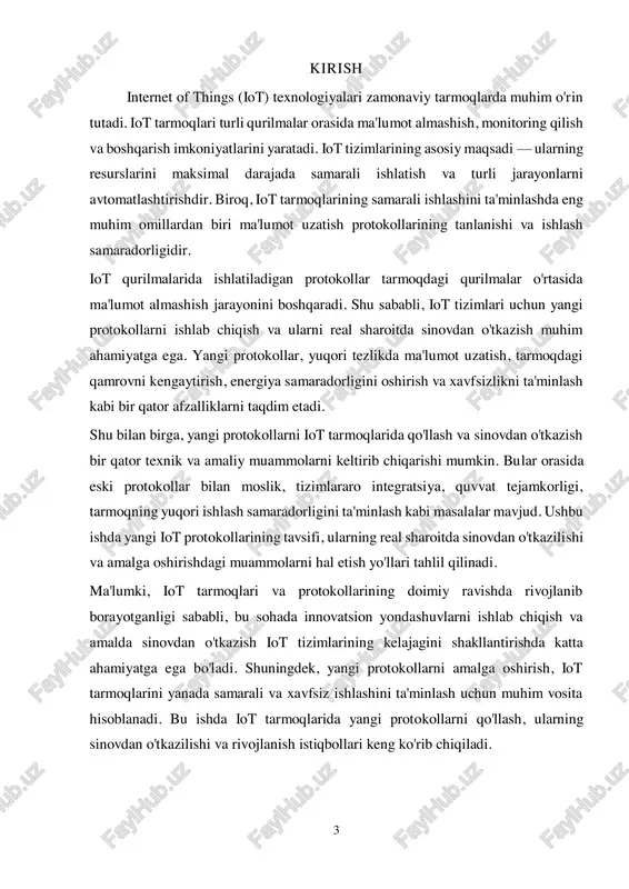 tarmoqda ma'lumotlarni uzatish uchun eng keng tarqalgan protokoldir. iot tizimlarida http/https protokollari ko'plab tizimlar orasida yuqori darajadagi ma'lumot almashishni ta'minlashda ishlatiladi. https orqali esa ma'lumotlar xavfsiz tarzda uzatiladi. http, odatda iot qurilmalarining internet bilan bevosita bog'lanishi zarur bo'lgan hollarda ishlatiladi. zigbee zigbee, qisqa masofalarda va past energiya sarfi bilan ishlovchi simsiz tarmoq protokoli bo'lib, iot tizimlarida keng qo'llaniladi. bu protokol ko'plab kichik 5 qurilmalar orasida tarmoqni yaratishda ishlatiladi. zigbee, asosan, uy-joy avtomatizatsiyasi va sanoat avtomatizatsiyasi uchun mo'ljallangan tizimlarda qo'llaniladi. zigbee tizimlarida qurilmalar o'rtasida tarmoqni kengaytirish va qamrovni yaxshilash uchun qo'shimcha qurilmalar yordamida mesh tarmoq yaratish imkoniyati mavjud. bluetooth low energy (ble) bluetooth low energy (ble) – bu bluetooth texnologiyasining energiya samaradorligi yuqori bo'lgan varianti bo'lib, iot tizimlarida qisqa masofalarda ma'lumot almashish uchun ishlatiladi. ble yuqori tezlikda ma'lumot uzatish va past energiya sarfi bilan ajralib turadi. ble protokoli, odatda, aqlli soatlar, fitnes- trackerlar va boshqa mobil qurilmalar bilan ma'lumot almashishda qo'llaniladi. …