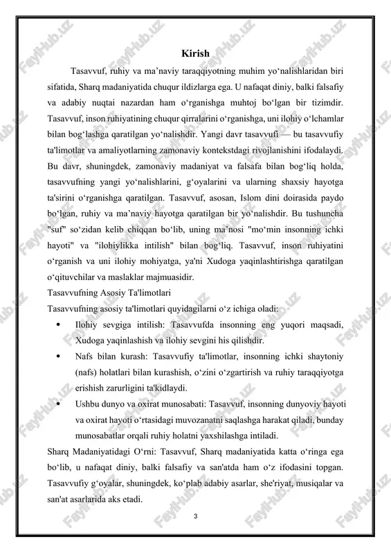 osiyo va arab mamlakatlaridagi rivojlanish: bu davrda, osiyo va arab mamlakatlarida tasavvufiy oqimlar o‘rtasida raqobat kuchayib, yangi yo‘nalishlar paydo bo‘ldi. shuningdek, tasavvuf, ijtimoiy va madaniy hayotda muhim rol o‘ynashni davom ettirdi. 3. g‘arb bilan aloqalar: yangi davr tasavvufida g‘arb madaniyatining ta'siri ham sezildi. g‘arbiy falsafa va adabiyot tasavvufiy g‘oyalar bilan birlashtirilib, yangi g‘oyalar va fikrlar paydo bo‘ldi. 4. zamonaviylashtirish: xx asrda, tasavvufiy o‘qim va amaliyotlar zamonaviylashtirildi. bugungi kunda, tasavvuf, zamonaviy hayot sharoitida, yangi g‘oyalar va talqinlar bilan rivojlanmoqda. asosiy yo‘nalishlar 1. sufiylik: sufiylik, tasavvufning eng mashhur yo‘nalishlaridan biridir. bu yo‘nalishda, insonning ichki dunyosiga e'tibor qaratilib, xudoga yaqinlashishga intilish nazarda tutiladi. 2. ibn arabi ta'limoti: ibn arabi, tasavvufning rivojiga katta hissa qo‘shgan shaxsdir. uning "vahdat al-vujud" (mavjudiyat birligi) g‘oyasi, tasavvufiy fikrning asosiy tamoyillaridan biri sifatida qabul qilinadi. 3. rumi va tasavvufiy she'riyat: jaloliddin rumi, tasavvufiy adabiyotda muhim o‘rin tutadi. uning asarlari, sevgi, birlik va ilohiylikni aks ettiradi. rumi, tasavvufni o‘ziga xos …