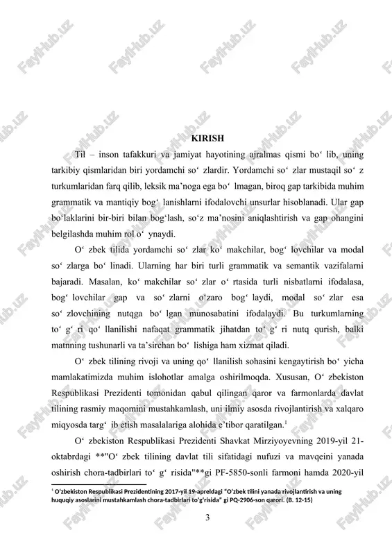 ʻzlarning ahamiyati va ularning til tizimidagi oʻrnini ilmiy jihatdan oʻrganish ushbu ishning dolzarbligini belgilaydi. ushbu tadqiqot yordamida yordamchi soʻzlarning toʻgʻri va samarali qoʻllanilishi boʻyicha ilmiy xulosalar chiqarilib, ularning til rivojiga qoʻshadigan hissasi aniqlanadi. bu esa, oʻz navbatida, davlat tilining nufuzini oshirishga xizmat qiladi.[footnoteref:2] [2: o‘zbekiston respublikasi prezidentining 2020-yil 27-oktyabrdagi “o‘zbek tilining yuksak maqomini ta’minlashga doir yana bir qator chora-tadbirlar to‘g‘risida” gi pq-4801-son qarori. (b. 22-25) ] mazkur kurs ishida yordamchi soʻzlarning oʻzbek tilidagi oʻrni, ularning turlari va grammatik xususiyatlari tahlil qilinadi. shuningdek, ularning gap tuzilishidagi roli, nutq madaniyatidagi ahamiyati va boshqa tillardagi oʻxshashlik va farqlari koʻrib chiqiladi. ishning asosiy maqsadi – yordamchi soʻzlarning lingvistik xususiyatlarini ilmiy asosda oʻrganish va ularning amaliy qoʻllanilishiga oid tahliliy yondashuvni shakllantirishdan iborat. shu bilan birga, mavzu doirasida yordamchi soʻzlarning oʻziga xos jihatlari yoritilib, ularning turli uslubiy qatlamlardagi oʻrni tadqiq qilinadi. kurs ishining dolzarbligi: tilshunoslikda yordamchi soʻzlarning oʻrganilishi muhim ahamiyatga ega, chunki ular mustaqil soʻzlar oʻrtasidagi …