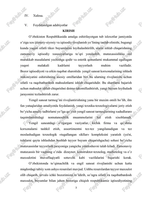 di. mato fakturasi esa katak, yo’l-yo’l, sidirg’a bo’lishi mumkin. mustaqil respublikamiz mehnatkashlarini osib borayotgan moddiy ehtiyojini har tomonlama qondirish masalasini hal qilishda yengil sanoat va uning eng yirik tarmog’i - tikuvchilik ishlab chiqarish zimmasiga muhim vazifa yuklatilgan. tikuvchilik sanoati vazifasi ozbekiston xalqini yuqori sifatli keng assortimentdagi zamonaviy kiyimlar bilan ta'minlash. tikuvchilik sanoatida ishlab chiqarish korxonalarini va firmalarni tashkil qilishni kengaytirish, tikuv korxonalarni ixtisoslashtirishni amalga oshirish, yangi texnika va texnologiyaga ega tayyorlov-bichish va pardozlash sexlarini tashkil qilish, tikuv buyumlarini tayyorlash boyicha yuqori unumli kompleks mexanizatsiyalashgan oqimlarni sanoatga tadbiq etish, texnologik konstruktsiya boyicha buyum ishlab chiqarishni tashkil etishni talab etadi. texnologik jarayonlarni tashkil qilishning asosiy shakllari esa texnologik jarayonlarni yarimavtomat va avtomat mashinalarini keng qollab kompleks mexanizatsiyalashtirish uchun sharoit yaratadigan kop fasonli oqimlar hisoblanadi. insonlarning zamonaviy va sifatli kiyiimga bolgan ehtiyojining doimiy osib borishi korxonalar tomonidan ularning assortimentini kopaytirish va yaxshilash, sifatini oshirishni talab etadi. bu vazifani bajarish tikuv korxonalari samaradorligini oshirish …