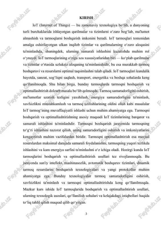 shda ma'lumot yig‘adi va tarmoq orqali ularni markazlashtirilgan tizimga yuboradi. bu ma'lumotlar tarmoqning holatini, atrof-muhitni va boshqa parametrlarga oid ma'lumotlarni o‘z ichiga oladi. yig‘ilgan ma'lumotlar tahlil qilinadi, bu esa qarorlar qabul qilish va tizimlarni boshqarishda qo‘llaniladi. ma'lumotlar tahlilini amalga oshirish uchun ko‘pincha sun'iy intellekt va mashinasozlik algoritmlaridan foydalaniladi. · tarmoqning o‘z-o‘zini boshqarishi (autonomous networks): iot tarmoqlarining yana bir xususiyati bu tarmoqning o‘z-o‘zini boshqarish imkoniyatidir. tarmoq resurslaridan samarali foydalanish, resurslar orasidagi ma'lumotlarni optimallashtirish, uzilishlarni aniqlash va ularni avtomatik tarzda tiklash uchun ilg‘or algoritmlar va sun'iy intellekt texnologiyalaridan foydalaniladi. bu holat tarmoqni yanada samarali va barqaror qiladi. · energiyani tejash: iot tarmoqlarida qurilmalar odatda cheklangan energiya manbalaridan foydalanadi, shuning uchun energiya samaradorligi juda muhimdir. qurilmalar energiya tejashni ta'minlaydigan texnologiyalarni qo‘llash orqali uzoq vaqt davomida ishlashga imkon yaratadi. masalan, past quvvatli protokollar va sensorlar orqali qurilmalar minimal energiya sarfi bilan ishlashadi. · xavfsizlik va maxfiylik: iot tarmoqlarida xavfsizlik juda muhim ahamiyatga ega. qurilmalar …