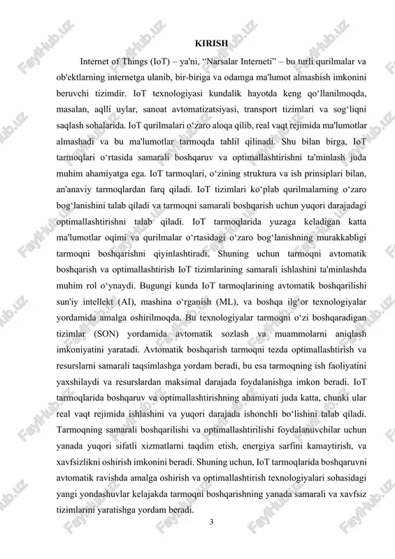 'lumotlar oqimi tarmoqning samarali ishlashini ta'minlashda muhim rol o‘ynaydi. ma'lumotlar oqimini boshqarish va optimallashtirish, tarmoq resurslarini samarali taqsimlash uchun kerak. · xavfsizlikni boshqarish: iot tarmoqlari ko‘plab qurilmalar va ma'lumotlar bilan ishlaydi, shuning uchun xavfsizlikni ta'minlash va kiberhujumlarni oldini olish uchun xavfsizlik tizimlarini boshqarish muhimdir. · energiya samaradorligini ta'minlash: iot qurilmalari ko‘pincha cheklangan energiya resurslariga ega, shuning uchun energiyani tejash va tarmoqni energiya samarali ishlatish zarur. iot tarmoqlarida ishlaydigan protokollar va arxitektura · iot protokollari: iot qurilmalari o‘rtasidagi ma'lumot almashinuvi uchun turli protokollar ishlatiladi. eng keng tarqalgan protokollar qatoriga mqtt (message queuing telemetry transport), coap (constrained application protocol), http (hypertext transfer protocol) kiradi. bu protokollar qurilmalar o‘rtasida tez va samarali ma'lumot almashish imkonini beradi. · tarmoq arxitekturasi: iot tarmoqlarining arxitekturasi oddiy tarmoqlar bilan solishtirganda murakkabroq bo‘ladi. ular ko‘plab qurilmalar va serverlar o‘rtasida ma'lumot almashinuvi, shuningdek, bulutli xizmatlar va lokal tizimlar o‘rtasida o‘zaro integratsiyani ta'minlaydi. iot tarmog‘ining arxitekturasi qurilmalar, tarmoq, va bulutli …