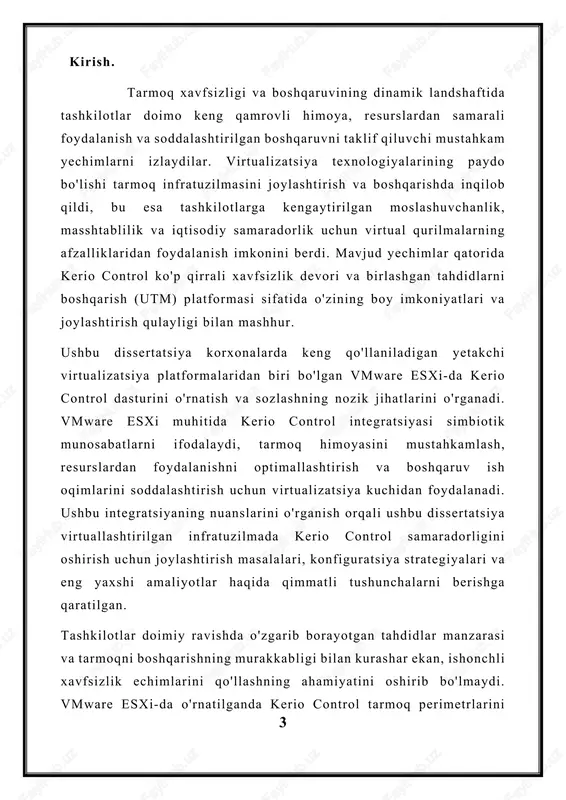 da quyidagilarni o'z ichiga oladi: cpu : ko'p yadroli protsessor, afzalroq virtualizatsiya texnologiyalarini qo'llab-quvvatlaydi (masalan, intel vt-x yoki amd-v). cpuga aniq talablar kutilayotgan ish yukiga va bir vaqtda foydalanuvchilar soniga qarab farq qilishi mumkin. xotira (ram) : asosiy funksiyalar uchun kamida 2 gb ram tavsiya etiladi. biroq, optimal ishlash uchun, ayniqsa og'irroq trafik yoki rivojlangan funksiyalar yoqilgan muhitlarda, ko'proq ram kerak bo'lishi mumkin. amaliy boshlang'ich nuqta ko'pincha taxminan 4 gb operativ xotira bo'lib, kerak bo'lganda kengaytirish imkoniyatlari mavjud. saqlash : kerio control virtual qurilmasi va tegishli maʼlumotlar uchun yetarli saqlash joyi. bu odatda operatsion tizim, dastur fayllari, konfiguratsiya ma'lumotlari va jurnal fayllarini o'z ichiga oladi. odatda kamida 20 gb disk maydoni tavsiya etiladi, ammo haqiqiy talablar foydalanish tartibi va ma'lumotlarni saqlash siyosatiga qarab farq qilishi mumkin. tarmoq interfeysi : ulanish uchun kamida bitta tarmoq interfeysi kartasi (nic) talab qilinadi. optimal ishlash va moslashuvchanlik uchun lan, wan va dmz ulanishlariga ajratilgan …