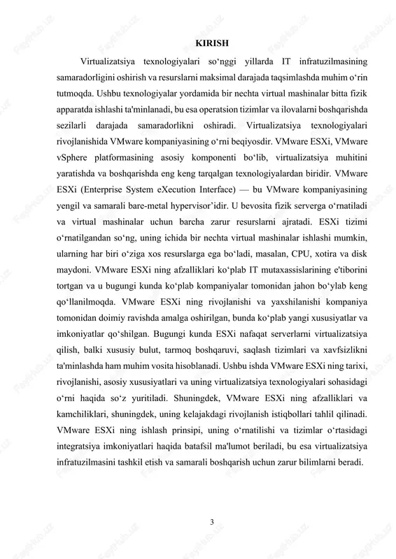 sqichlardan biri vsphere 4 ni chiqarish edi. bu versiyada esxi ko‘plab yangi funksiyalarni qo‘shdi, jumladan, yuqori darajadagi xavfsizlik, resurslarni avtomatik taqsimlash, va kengaytirilgan saqlash imkoniyatlari. vsphere 5 (2011): bu versiya bilan esxi texnologiyasining imkoniyatlari yanada rivojlandi. virtual mashinalarni boshqarish, saqlash tizimlari va tarmoq orqali boshqarish imkoniyatlari yanada soddalashtirildi. esxi endi tarmoqni boshqarish va xavfsizlikni ta'minlashda ilg‘or vositalarga ega bo‘ldi. vsphere 6 (2015): vsphere 6 versiyasida esxi yana bir qadam oldinga siljidi. bu versiyada ko‘p yadroli tizimlarni boshqarish, yanada samarali saqlash va virtual mashinalar uchun resurslarni taqsimlash mexanizmlari yangilandi. qo‘shimcha ravishda, yuqori mavjudlik (ha) va zaxira tizimlari takomillashtirildi. esxi ning kelajakdagi rivojlanish istiqbollari bugungi kunda vmware esxi yanada samarali va xavfsiz tizim bo‘lishi uchun doimiy ravishda yangilanib boradi. esxi ning kelajagi virtualizatsiya va bulut texnologiyalarining rivojlanishi bilan chambarchas bog‘liq. bulut texnologiyalariga integratsiya: vmware esxi ning kelajakdagi rivojlanishida bulutli platformalar bilan integratsiya va bulutda ishlash imkoniyatlari katta o‘rin tutadi. vmware vsphere va …