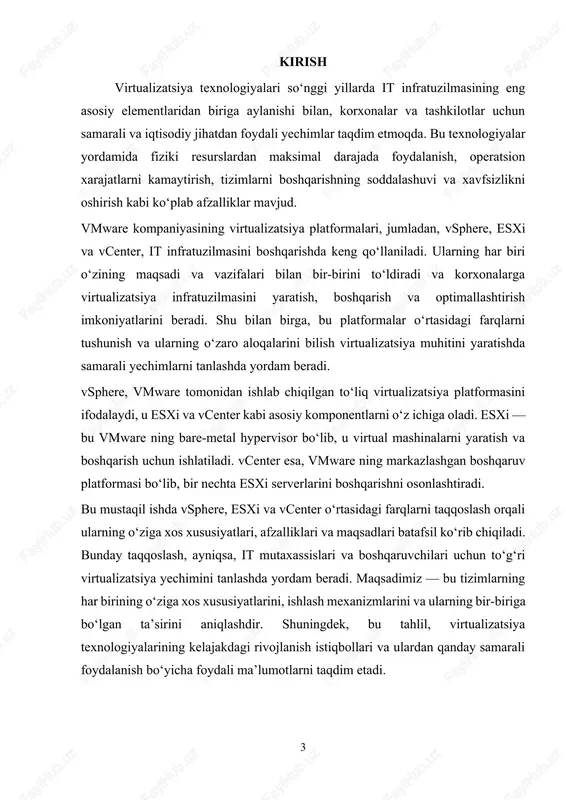 vmware kompaniyasining bare-metal hypervisor’idir. bu server virtualizatsiya uchun ishlatiladigan minimalistik va samarali texnologiya bo‘lib, u fizik serverda o‘z-o‘zidan ishlaydi va unga boshqa operatsion tizimni o‘rnatishga ehtiyoj yo‘q. esxi, bir necha virtual mashinalarni (vm) yaratish va ularni boshqarish imkonini beradi. esxi quyidagi xususiyatlarga ega: bare-metal — bu tizimda ishlash uchun alohida operatsion tizim o‘rnatish shart emas. minimalistik — bu faqat kerakli komponentlarni o‘z ichiga olgan tizim bo‘lib, unga qo‘shimcha dasturlar yoki xizmatlar o‘rnatilmaydi. maxsus virtualizatsiya — esxi yordamida, foydalanuvchilar fizik resurslarni virtual mashinalarga ajratish va ularni samarali boshqarish imkoniyatiga ega bo‘ladilar. esxi tizimi, asosan, virtualizatsiya infratuzilmasining asosini tashkil etadi va boshqa vmware platformalari tomonidan boshqariladi. vcenter vcenter — bu vmware-ning markazlashgan boshqaruv platformasi bo‘lib, u vsphere virtualizatsiya muhitini boshqarish uchun ishlatiladi. vcenter, bir nechta esxi serverlarini markazlashtirilgan tarzda boshqarish imkoniyatini beradi, shuningdek, virtual mashinalarni yaratish, ularga resurslarni taqsimlash, tarmoq va saqlash resurslarini boshqarish, xavfsizlikni ta'minlash va zaxira nusxalarini yaratish kabi vazifalarni …