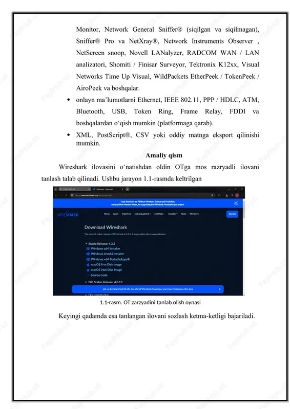 tistika” qismida fayllar xususiyatlarni bilish, paket uzunligini aniqlash, dns ma'lumotlarini bilish va boshqa vazifalarni bajaradi. 1.18-rasm. “statistika” oyansi wiresharkni barcha sozlamalrini ishlatib bo‘lgandan keyin, unda tarmoqni tahlil, qilishimiz munkin, buning uchun ko‘k start tugmasi bosiladi va tahlil qiladi. 1.21- rasm. umumiy tarmoq tahlili natijasi image4.png image5.png image6.png image7.png image8.png image9.png image10.png image11.png image12.png image13.png image14.png image15.png image16.png image1.png image2.png image3.png muhammad al - xorazmiy nomidagi toshkent axborot texnologiyalari universiteti axborot xavfsizligi protokollari fanidan 1 - topshiriq mavzu: wireshark ilovasini o‘rnatish va sozlash guruh: 716 - 20 bajardi: muhammadiyev jamshid tekshirdi : daminov akmalbek /docprops/thumbnail.emf muhammad al - xorazmiy nomidagi toshkent axborot texnologiyalari universiteti axborot xavfsizligi protokollari fanidan 1 - topshiriq mavzu: wireshark ilovasini o‘rnatish va sozlash guruh: 716 - 20 bajardi: muhammadiyev jamshid tekshirdi : daminov akmalbek