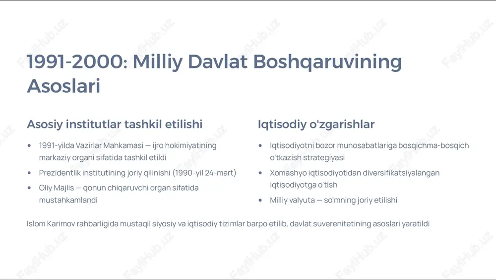 qillik yo'lida davlat boshqaruvi islohotlari mustahkam poydevor mustaqillik yillarida amalga oshirilgan islohotlar o'zbekistonning mustaqil, demokratik va rivojlangan davlatga aylanishida mustahkam poydevor bo'ldi ustuvor vazifalar kelajakda davlat boshqaruvini yanada takomillashtirish, shaffoflikni oshirish va fuqarolar manfaatlarini himoya qilish ustuvor vazifa barqaror kelajak har bir o'zgarish 4 milliy taraqqiyot, ijtimoiy adolat va barqaror rivojlanish sari muhim qadam "davlat boshqaruvini isloh qilish 4 bu xalqimiz farovonligi va mamlakatimiz taraqqiyoti yo'lidagi doimiy jarayon"