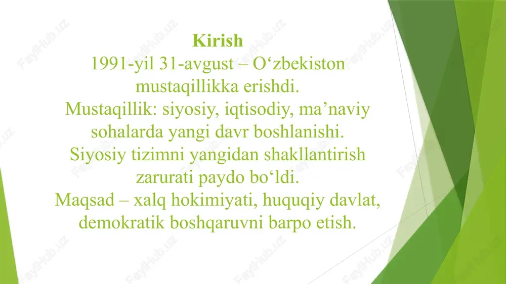 urash. gender tengligi. yoshlar siyosatini rivojlantirish. siyosiy madaniyat va fuqarolarning faolligi fuqarolarning siyosiy ong va madaniyati yuksalmoqda. saylovlarda ishtirok etish darajasi oshgan. yoshlar siyosiy hayotda faol qatnashmoqda. ochiqlik va ishonch muhiti shakllanmoqda. erishilgan natijalar barqaror siyosiy tizim shakllandi. konstitutsiyaviy islohotlar amalga oshirildi. ko‘p partiyaviylik rivojlandi. fuqarolik jamiyati kuchaydi. xalq manfaatlariga xizmat qiluvchi boshqaruv tizimi shakllandi. xulosa mustaqillik yillarida oʻzbekiston siyosiy tizimi tubdan yangilandi. konstitutsiyaviy davlat, demokratik institutlar, siyosiy partiyalar faoliyati yo‘lga qo‘yildi. “yangi oʻzbekiston” davrida siyosiy tizim inson huquqlari, adolat va xalq ishonchiga tayangan yangi bosqichga ko‘tarildi. shior: “xalq davlat idoralariga emas, davlat xalqiga xizmat qiladi!” e’tiboringiz uchun rahmat image1.png image2.jpg image3.jfif image4.jfif image5.jfif /docprops/thumbnail.jpeg