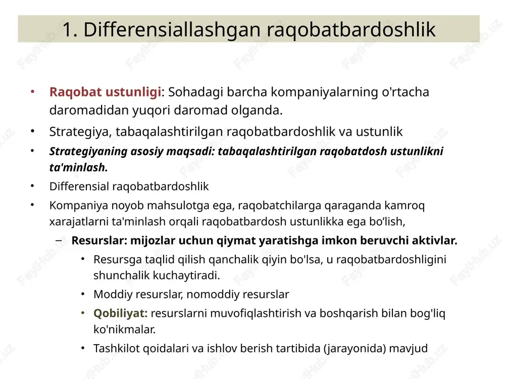ri rentabellikka erishdilar. */9 qiymat zanjiri marketing va savdo brend va mahsulotni reklama qilish orqali mijozlar bazasini kengaytirish; mijozlarning ehtiyojlarini qondirish orqali tadqiqot va ishlanmalar bo'yicha fikr-mulohazalar; (1-holat) fransiyaning pirrier kompaniyasi aqsh bozorida gazli suvni muvaffaqiyatli sotish orqali mahsulot qiymatini idrok etishni tez oshirdi. (2-holat) pfizer pharmaceuticals kompaniyasining agressiv marketing va savdo kampaniyasi mijoz xizmati sotishdan keyingi xizmat yoki qo'llab-quvvatlash mijozlarning muammolarini hal qilish va ularni qo'llab-quvvatlash orqali ularning ongida ustun qiymat tushunchasini yaratishga intilish. (keys) og'ir uskunalar ishlab chiqaruvchi caterpillar mahsuloti noto'g'ri ishlaganda ehtiyot qismlarni 24 soat ichida xarid qilish orqali ishlamay qolish vaqtini kamaytiradi. mahsulot uchun mijozlar qiymatini oshiradi va mahsulot uchun yuqori narxni belgilash imkonini beradi */9 qo’llab-quvvatlash tizimi materiallarni boshqarish - jismoniy materiallarning uzatilishini nazorat qilish inson resurslari - mehnat unumdorligini oshirish, mijozlarga xizmat ko'rsatishni yaxshilash ex) jek uelch mis – samaradorlikni oshirish ex) erp, plm kompaniya infrastrukturasi tashkiliy tuzilma, nazorat tizimi, korporativ madaniyat */9 4.3 …