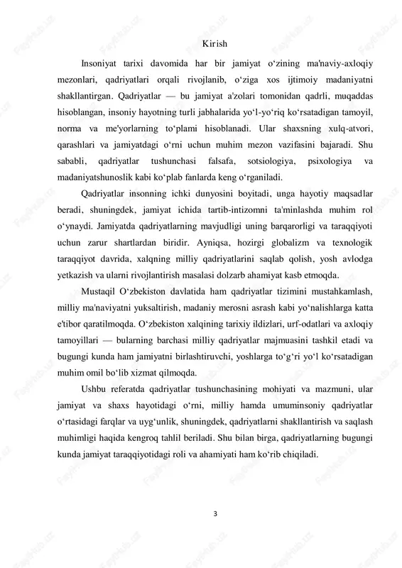 azifalari va funksiyalarida namoyon bo‘ladi. mohiyat jihatidan qadriyatlar — bu insonning hayotiy tajribalari, maqsadlari va idealari bilan bog‘liq bo‘lgan, ijtimoiy hayotning normativ asosini tashkil qiluvchi tamoyillar majmuasidir. birinchidan, qadriyatlar insonning ichki dunyosini boshqaruvchi va uning hayotiy maqsadlarini belgilovchi ichki yo‘nalish hisoblanadi. qadriyatlar orqali inson o‘zining nimani qadrlashi, nimalarga intilishi va nimani rad etishini aniqlaydi. shu sababli qadriyatlar shaxsning xulq-atvori va qarorlarini shakllantiruvchi asosiy omil hisoblanadi. ikkinchidan, qadriyatlar jamiyatda o‘zaro munosabatlarni tartibga soluvchi ijtimoiy institut sifatida xizmat qiladi. ular odamlar o‘rtasida ishonch, hurmat va hamjihatlikni mustahkamlaydi, shuningdek, umumiy maqsadlar yo‘lida birlashishni ta'minlaydi. shu tariqa, qadriyatlar jamiyat barqarorligini saqlashda, uni rivojlantirishda muhim o‘rin tutadi. uchinchidan, qadriyatlar inson va jamiyat tarixiy taraqqiyotining har bir bosqichida o‘zgarib boruvchi, rivojlanuvchi ijtimoiy hodisa sifatida qaraladi. ular milliy madaniyat, urf-odat, an’ana va diniy e'tiqodlar bilan chambarchas bog‘liq bo‘lib, insoniyat tajribasining jamlanmasi sifatida shakllanadi va avloddan-avlodga o‘tadi. to‘rtinchidan, qadriyatlar — bu nafaqat ijtimoiy, balki ma'naviy-axloqiy tizim bo‘lib, insonning …