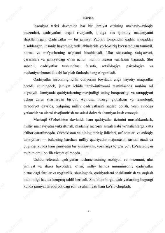 a funksiyalarida namoyon bo‘ladi. mohiyat jihatidan qadriyatlar — bu insonning hayotiy tajribalari, maqsadlari va idealari bilan bog‘liq bo‘lgan, ijtimoiy hayotning normativ asosini tashkil qiluvchi tamoyillar majmuasidir. birinchidan, qadriyatlar insonning ichki dunyosini boshqaruvchi va uning hayotiy maqsadlarini belgilovchi ichki yo‘nalish hisoblanadi. qadriyatlar orqali inson o‘zining nimani qadrlashi, nimalarga intilishi va nimani rad etishini aniqlaydi. shu sababli qadriyatlar shaxsning xulq-atvori va qarorlarini shakllantiruvchi asosiy omil hisoblanadi. ikkinchidan, qadriyatlar jamiyatda o‘zaro munosabatlarni tartibga soluvchi ijtimoiy institut sifatida xizmat qiladi. ular odamlar o‘rtasida ishonch, hurmat va hamjihatlikni mustahkamlaydi, shuningdek, umumiy maqsadlar yo‘lida birlashishni ta'minlaydi. shu tariqa, qadriyatlar jamiyat barqarorligini saqlashda, uni rivojlantirishda muhim o‘rin tutadi. uchinchidan, qadriyatlar inson va jamiyat tarixiy taraqqiyotining har bir bosqichida o‘zgarib boruvchi, rivojlanuvchi ijtimoiy hodisa sifatida qaraladi. ular milliy madaniyat, urf-odat, an’ana va diniy e'tiqodlar bilan chambarchas bog‘liq bo‘lib, insoniyat tajribasining jamlanmasi sifatida shakllanadi va avloddan-avlodga o‘tadi. to‘rtinchidan, qadriyatlar — bu nafaqat ijtimoiy, balki ma'naviy-axloqiy tizim bo‘lib, insonning go‘zallik, …