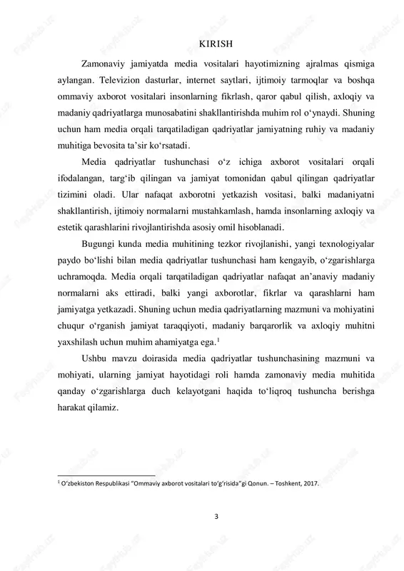kllarida aks etadi. ommaviy axborot vositalari orqali tarqatilayotgan qadriyatlar ko‘pincha jamiyatda qabul qilingan axloqiy tamoyillarni mustahkamlash, yangi madaniy qadriyatlarni joriy etish yoki mavjud qadriyatlarni qayta baholashga xizmat qiladi.2 bundan tashqari, media qadriyatlar jamiyatda ijtimoiy barqarorlikni ta’minlash, odamlarning madaniy ongini oshirish va yosh avlodning ma’naviy tarbiyasida muhim o‘rin tutadi. media orqali tarqatiladigan qadriyatlar jamiyat a’zolarining o‘zaro munosabatlarini, ularning jamiyatdagi roli va mas’uliyatini belgilaydi, shuningdek, umumiy madaniy va axloqiy me’yorlarni shakllantiradi. 2 karimov i. “ommaviy axborot vositalari va jamiyat” – toshkent, 2019. 5 2. media qadriyatlarning mazmuni media qadriyatlarning mazmuni – bu ommaviy axborot vositalari orqali jamiyatga yetkaziladigan, tarqatiladigan va qabul qilinadigan ijtimoiy, ma’naviy, madaniy va axloqiy tamoyillar majmuasidir. ushbu tamoyillar media mahsulotlari va kommunikatsiya vositalari orqali insonlarning hayotiy qarashlari, xulq-atvori, madaniyati hamda jamiyatdagi munosabatlarini shakllantirishga xizmat qiladi. media qadriyatlarning mazmuni ko‘p qirrali bo‘lib, u jamiyatning turli jabhalarini qamrab oladi va doimiy ravishda rivojlanib boradi. axloqiy qadriyatlar: media qadriyatlarning mazmunida axloqiy qadriyatlar …