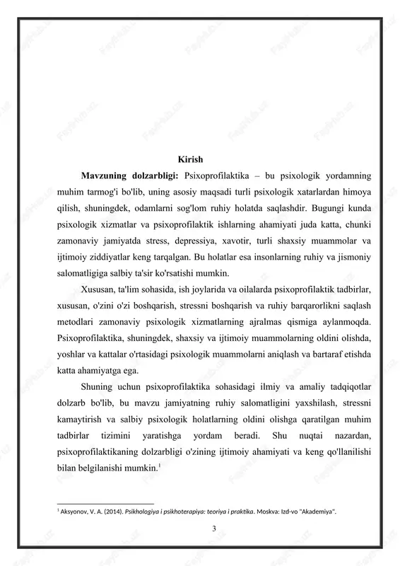 ixoprofilaktika jarayonlarining tashkil etilishi va amalga oshirilishidir. tadqiqotda psixoprofilaktikaning turli sohalarda (ta'lim, ish joylari, oilaviy hayot) qo'llanilishi va uning samaradorligini oshirish uchun zarur bo'lgan metodik yondashuvlar o'rganiladi. tadqiqotda quyidagi asosiy ob'ektlar o'rganiladi: · psixologik xizmatlar tizimi: bu psixoprofilaktika ishlarini tashkil etish va amalga oshirishda ishtirok etadigan psixologik xizmatlar va ularning turli xil shakllari (maktab psixologi, korxonalardagi psixologlar, oilaviy psixologlar va h.k.). · psixoprofilaktika metodlari va usullari: psixoprofilaktik mashg'ulotlar, treninglar, o'quv seminarlar, stressni boshqarish va ruhiy barqarorlikni saqlash bo'yicha ishlatiladigan usullar. · psixoprofilaktikaning samaradorligi: psixoprofilaktik tadbirlarning samaradorligi, ularning amalga oshirilishi va psixologik holatga ta'siri. tadqiqot obyekti psixoprofilaktika jarayonining turli ijtimoiy sohalarda qo'llanilishini va uning jamiyatdagi umumiy psixologik salomatlikni yaxshilashdagi rolini o'rganadi. tadqiqot predmeti: ushbu tadqiqotning predmeti psixologik xizmatlarda psixoprofilaktik tadbirlar va usullarni amalga oshirish jarayonlari, shu jumladan, ularning samaradorligini oshirishga qaratilgan metodik yondashuvlar va amaliyotlardir. tadqiqotda psixoprofilaktikaning turli shakllarini qo'llash, uning psixologik xizmatlarda to'g'ri tashkil etilishi, shuningdek, ijtimoiy guruhlar va shaxslar …
