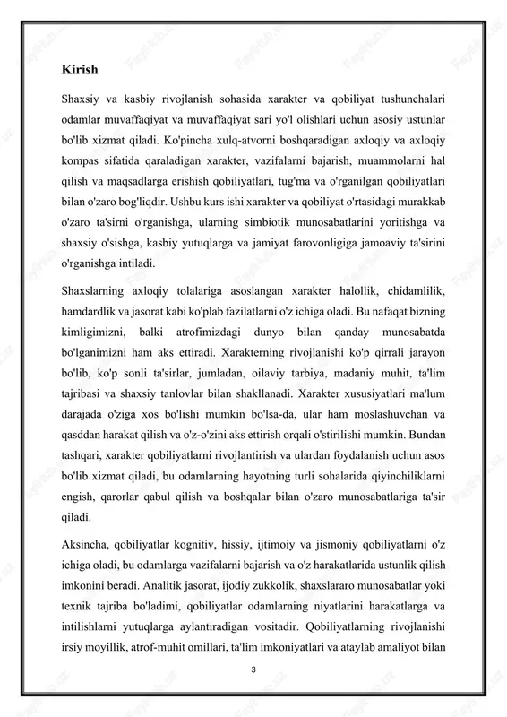 ilatlar yig'indisi tushuniladi. u odamlarning atrofdagi dunyoni qanday idrok etishi va munosabatini shakllantiradigan fazilatlar, xususiyatlar va qadriyatlar to'plamini o'z ichiga oladi. xarakterli xususiyatlar ko'pincha halollik, hamdardlik, chidamlilik, rahm-shafqat, kamtarlik, jasorat va javobgarlik va boshqalarni o'z ichiga oladi. xarakter turg'un emas, balki vaqt o'tishi bilan tajriba, o'rganish va ataylab o'stirish orqali rivojlanadi. bu shaxslar axloqiy qarorlar qabul qilish, munosabatlar o'rnatish, muammolarni hal qilish va jamiyatga hissa qo'shish uchun asos bo'lib xizmat qiladi. qobiliyatning ta'rifi: qobiliyat deganda shaxslarga vazifalarni bajarish, muammolarni hal qilish va maqsadlarga samarali erishish imkonini beradigan tug'ma va orttirilgan qobiliyatlar tushuniladi. qobiliyatlar inson hayotining turli sohalarida foydalanadigan kognitiv, hissiy, ijtimoiy va jismoniy qobiliyatlarning keng spektrini o'z ichiga oladi. kognitiv qobiliyatlar tanqidiy fikrlash, muammolarni hal qilish, ijodkorlik, xotira va analitik qobiliyatlarni o'z ichiga olishi mumkin. hissiy qobiliyatlar o'z-o'zini anglash, hissiy tartibga solish, empatiya va shaxslararo munosabatlarni o'z ichiga oladi. ijtimoiy qobiliyatlar samarali muloqot, hamkorlik, etakchilik va nizolarni hal qilishni o'z …