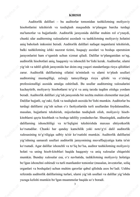 auditorlik dalillari turli xil turlariga bo‘linadi, va har bir tur auditorlik jarayonida alohida ahamiyatga ega. auditorlik dalillarining turlari quyidagicha tasniflanadi: hujjatli dalillar (documentary evidence) hujjatli dalillar – bu yozma yoki rasmiy hujjatlar, shartnomalar, hisob-kitoblar, xatolarni tuzatish haqidagi hujjatlar, bank hujjatlari va boshqa rasmiy hujjatlar bo‘lishi mumkin. hujjatlar tashkilotning moliyaviy holatini va operatsion faoliyatini tasdiqlashda asosiy manba hisoblanadi. bu turdagi dalillar auditorning moliyaviy hisobotni to‘g‘riligini tekshirish uchun zarur bo‘lgan asosiy hujjatlar hisoblanadi. fizik dalillar (physical evidence) fizik dalillar – bu materiallar, jihozlar, aktivlar yoki boshqa moddiy ob'ektlar, ular auditorga tashkilotning moliyaviy hisob-kitoblarini tekshirishda yordam beradi. masalan, omborlarda mavjud bo‘lgan tovarlar yoki mol-mulkni tekshirish, qurilish jarayonlarini kuzatish va boshqalar. bunday dalillar tashkilotning real aktivlarini va ularning mavjudligini tasdiqlashda muhim ahamiyatga ega. og'zaki dalillar (oral evidence) og‘zaki dalillar – bu auditor tomonidan olingan intervyular, suhbatlar yoki boshqa og‘zaki ma'lumotlardir. auditorlar menejment, xodimlar yoki mijozlar bilan suhbatlashib, muhim axborotni yig‘adilar. og‘zaki dalillar, odatda, boshqa …