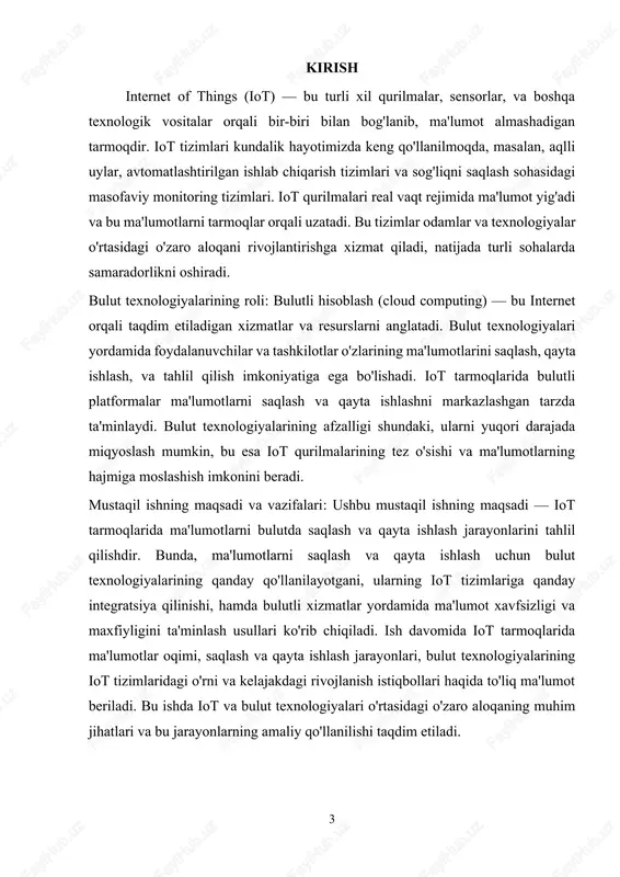bo'linadi: · strukturalangan ma'lumotlar: ma'lumotlar jadval shaklida bo'ladi, masalan, sensörlardan olingan harorat va namlik ko'rsatkichlari. · noaniq (yoki unstructured) ma'lumotlar: rasm, video yoki matn kabi ma'lumotlar bo'lib, ular analiz qilish va ishlov berish uchun murakkabroq bo'lishi mumkin. bulut texnologiyalarining afzalliklari quyidagilar: · yuqori miqyoslash: bulut xizmatlari foydalanuvchilarga zarur resurslarni tezda kengaytirish yoki kamaytirish imkonini beradi. · resurslarning samarali taqsimlanishi: bulutda saqlangan ma'lumotlar global darajada kirish mumkin bo'lib, ma'lumotlar bazalarini markazlashtirilgan tarzda boshqarish imkonini beradi. · qayta ishlash va tahlil qilish: bulutda saqlanayotgan ma'lumotlar osongina qayta ishlanishi va tahlil qilinishi mumkin, bu esa iot tizimining ishlash samaradorligini oshiradi. ma'lumot xavfsizligi va maxfiylik: iot tarmoqlarida ma'lumot xavfsizligi va maxfiyligi eng muhim masalalardan biridir. iot qurilmalaridan yig'ilgan ma'lumotlar odatda juda sezgir bo'lib, ularning to'liq va xavfsiz saqlanishi kerak. bulut texnologiyalarida ma'lumotlarni saqlash jarayonida bir nechta xavfsizlik choralari qo'llaniladi: · kriptografiya: ma'lumotlar uzatilganda va saqlanganda ularni himoya qilish uchun kriptografik metodlar qo'llaniladi. bu ma'lumotlarning …