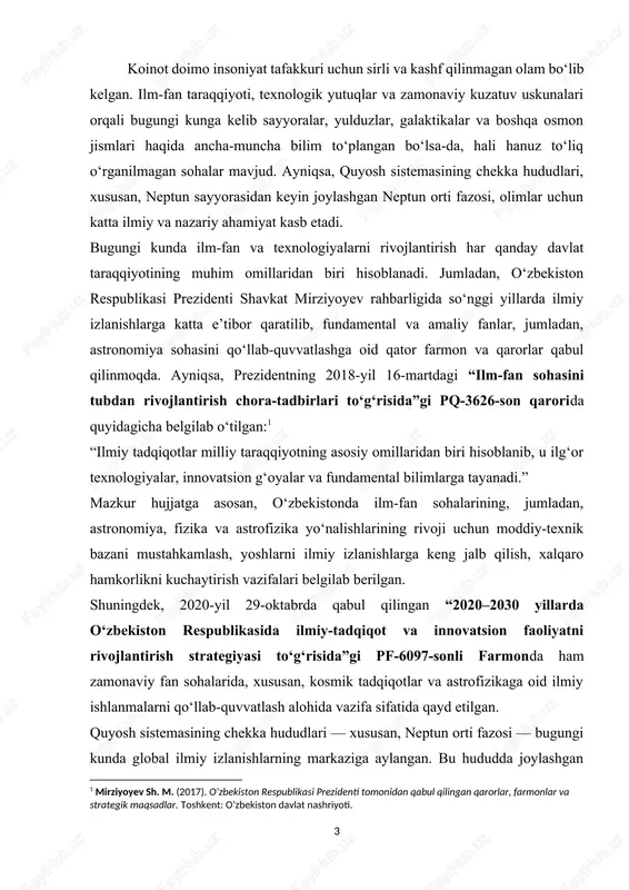 an objects, tnos) — quyosh sistemasi paydo bo‘lgan ilk davrlardan beri o‘z holicha deyarli o‘zgarmay saqlanib qolgan qadimiy jismlar sifatida baholanadi. mazkur obyektlarning o‘rganilishi bizga quyosh sistemasining shakllanish tarixi, uning tarkibiy qismlari va evolyutsiyasi haqida muhim ma’lumotlarni taqdim etadi. neptun orti obyektlariga kuiper belbog‘i jismlari, skaterred disk obyektlari, mitti sayyoralar (pluton, makemake, haumea, eris va boshqalar), hamda noaniq tasnifga ega bo‘lgan uzoq orbitalarga ega jismlar kiradi. bu obyektlarning o‘ziga xos dinamikasi, fizik tarkibi va orbital xususiyatlari ularni alohida ilmiy qiziqish ob’ektiga aylantiradi. so‘nggi yillarda olib borilayotgan ilmiy tadqiqotlar, ayniqsa, nasaning new horizons kabi missiyalari ushbu obyektlar haqidagi bilimlarimizni yanada boyitmoqda. neptun orti hududi va u yerda joylashgan astronomik obyektlarning tabiatini chuqur o‘rganish, ularni tasniflash, hamda bu obyektlarning ilm-fan va kelajakdagi kosmik izlanishlar uchun qanday ahamiyatga ega ekanini aniqlashdir. shu bilan birga, bu ish orqali neptun orti hududini o‘rganishdagi dolzarb muammolar va istiqbollar haqida ham umumiy tasavvur berishga harakat qilinadi. kurs …