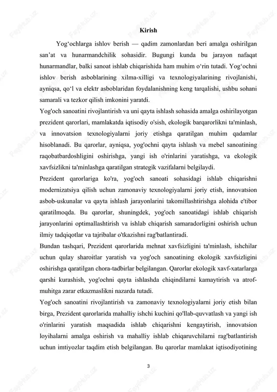 a elektr asboblarining turlarini aniqlash va ularning ishlash prinsiplari haqida batafsil ma’lumot berish. · asboblarning afzalliklari va kamchiliklarini tahlil qilish: har bir asbobning foydalari va kamchiliklarini o‘rganib, ularning ishlash samaradorligini tahlil qilish. · yog‘ochni ishlov berish texnologiyasini o‘rganish: yog‘ochni kesish, o‘ymakorlik va silliqlash jarayonlarini ko‘rib chiqish va bu jarayonlardagi asboblarning roli haqida tushuncha hosil qilish. · xavfsizlik qoidalariga e’tibor qaratish: asboblar bilan ishlashda xavfsizlik qoidalari va ehtiyot choralarini ko‘rib chiqish. · asboblar bilan ishlashda samaradorlikni oshirish usullarini o‘rganish: qo‘l va elektr asboblarining birgalikda ishlash orqali ishlov berish jarayonini optimallashtirish va samaradorlikni oshirish imkoniyatlarini o‘rganish. kurs ishining ob’yekti: kurs ishining ob’yekti yog‘ochlarga ishlov berishda qo‘l va elektr asboblaridan foydalanish jarayonidir. ushbu jarayonning o‘zida qo‘l va elektr asboblarining xilma-xilligi, ularning samarali ishlatilishi, texnologik jarayonlar va xavfsizlik qoidalari o‘rganiladi. asosiy maqsad, yog‘ochni ishlov berishda qo‘l va elektr asboblarining qanday yordam berishi va ularni birgalikda ishlatishning samaradorligini tahlil qilishdir. kurs ishining predmeti: kurs ishining …