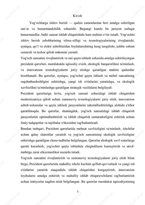 turlarini aniqlash va ularning ishlash prinsiplari haqida batafsil ma’lumot berish.  asboblarning afzalliklari va kamchiliklarini tahlil qilish: har bir asbobning foydalari va kamchiliklarini o‘rganib, ularning ishlash samaradorligini tahlil qilish.  yog‘ochni ishlov berish texnologiyasini o‘rganish: yog‘ochni kesish, o‘ymakorlik va silliqlash jarayonlarini ko‘rib chiqish va bu jarayonlardagi asboblarning roli haqida tushuncha hosil qilish.  xavfsizlik qoidalariga e’tibor qaratish: asboblar bilan ishlashda xavfsizlik qoidalari va ehtiyot choralarini ko‘rib chiqish.  asboblar bilan ishlashda samaradorlikni oshirish usullarini o‘rganish: qo‘l va elektr asboblarining birgalikda ishlash orqali ishlov berish jarayonini optimallashtirish va samaradorlikni oshirish imkoniyatlarini o‘rganish. kurs ishining ob’yekti: kurs ishining ob’yekti yog‘ochlarga ishlov berishda qo‘l va elektr asboblaridan foydalanish jarayonidir. ushbu jarayonning o‘zida qo‘l va elektr asboblarining xilma-xilligi, ularning samarali ishlatilishi, texnologik 5 jarayonlar va xavfsizlik qoidalari o‘rganiladi. asosiy maqsad, yog‘ochni ishlov berishda qo‘l va elektr asboblarining qanday yordam berishi va ularni birgalikda ishlatishning samaradorligini tahlil qilishdir. kurs ishining predmeti: kurs ishining predmeti — …